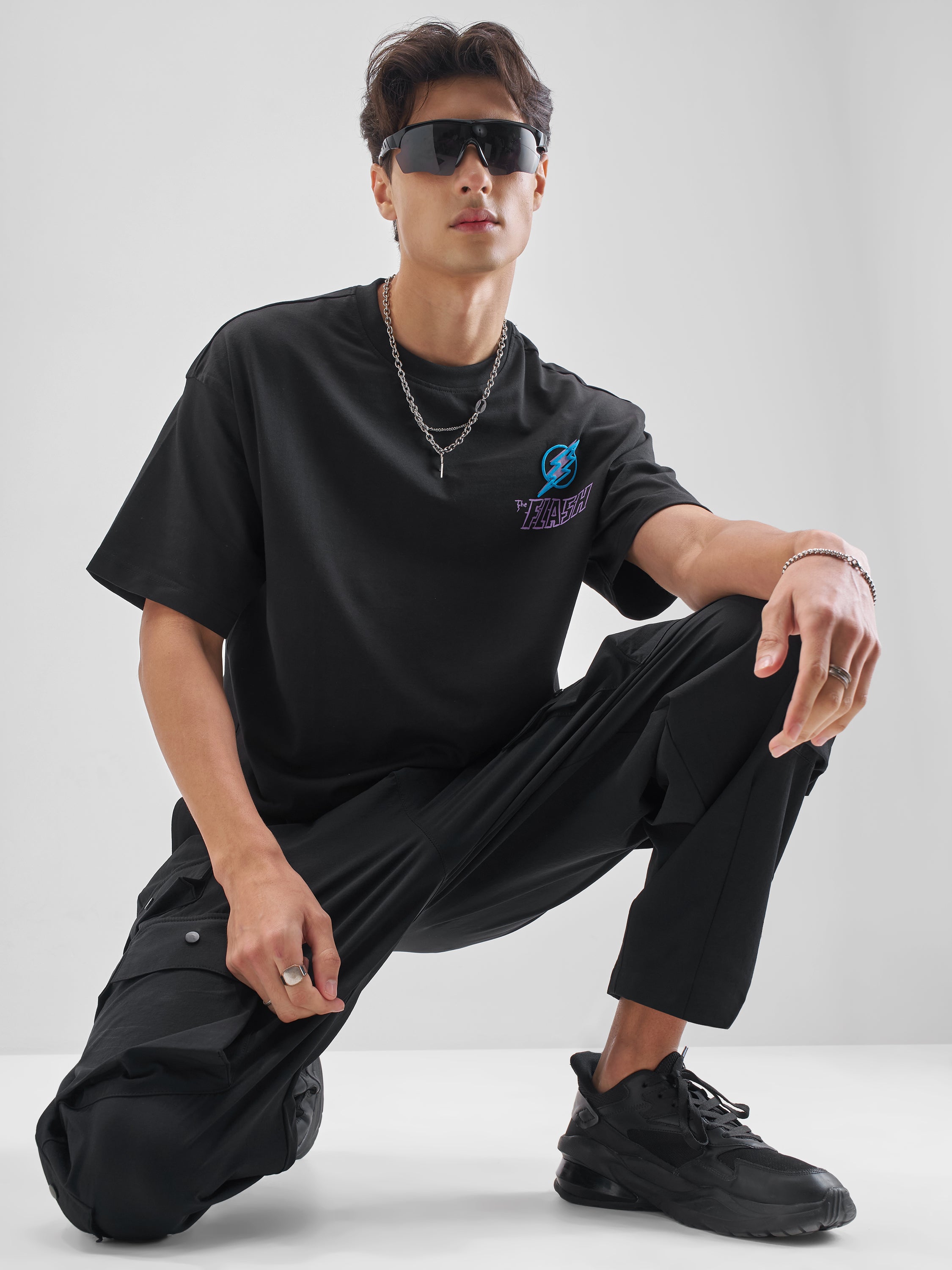 DC By Highlander Men Black Flash Printed Round Neck Oversized Fit T-Shirt - Black - Image 2