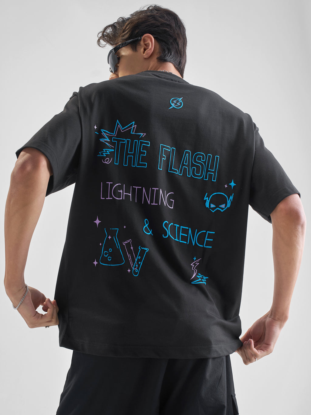 DC By Highlander Men Black Flash Printed Round Neck Oversized Fit T-Shirt - Black - Image 3