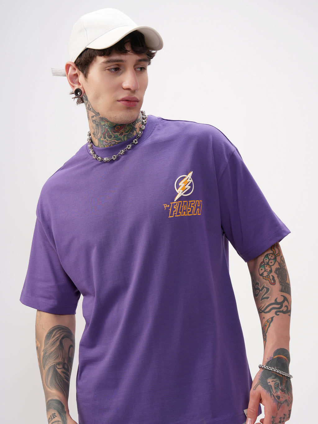 DC By Highlander Men Purple Batman Printed Round Neck Oversized Fit T-Shirt - Purple - Image 1