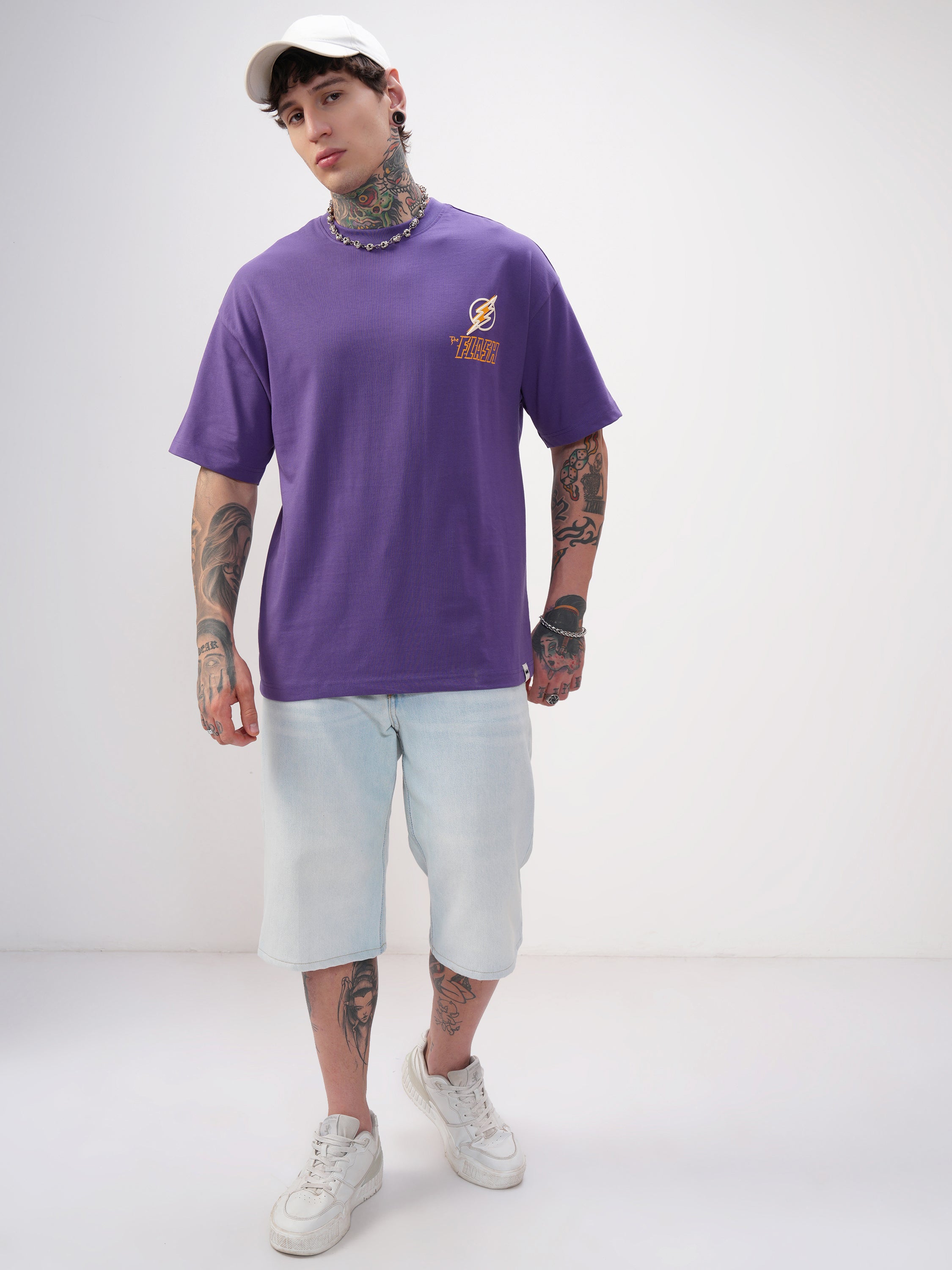 DC By Highlander Men Purple Batman Printed Round Neck Oversized Fit T-Shirt - Purple - Image 2