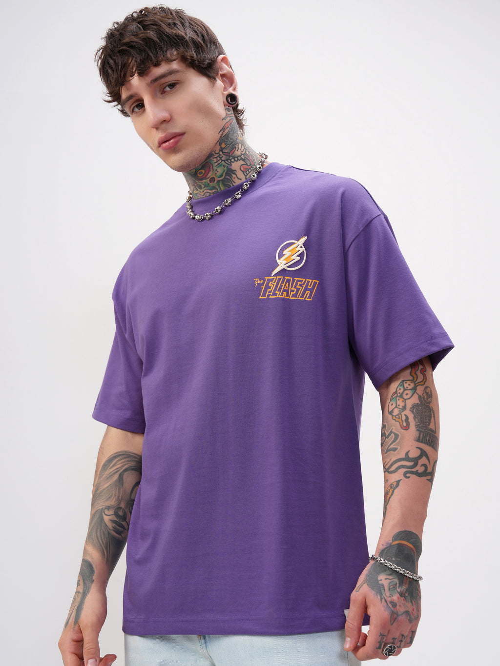 DC By Highlander Men Purple Batman Printed Round Neck Oversized Fit T-Shirt - Purple - Image 4