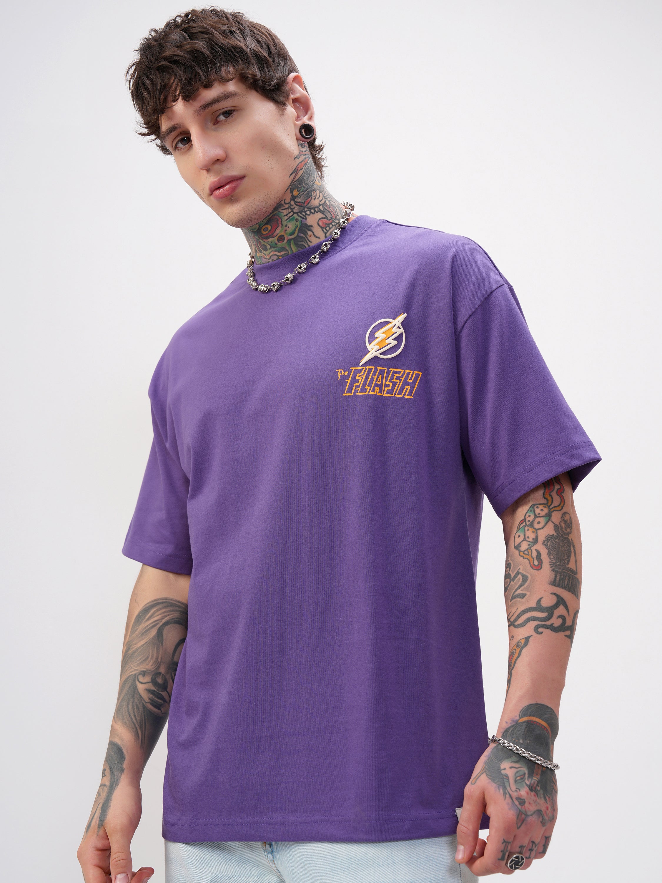 DC By Highlander Men Purple Batman Printed Round Neck Oversized Fit T-Shirt - Purple - Image 4
