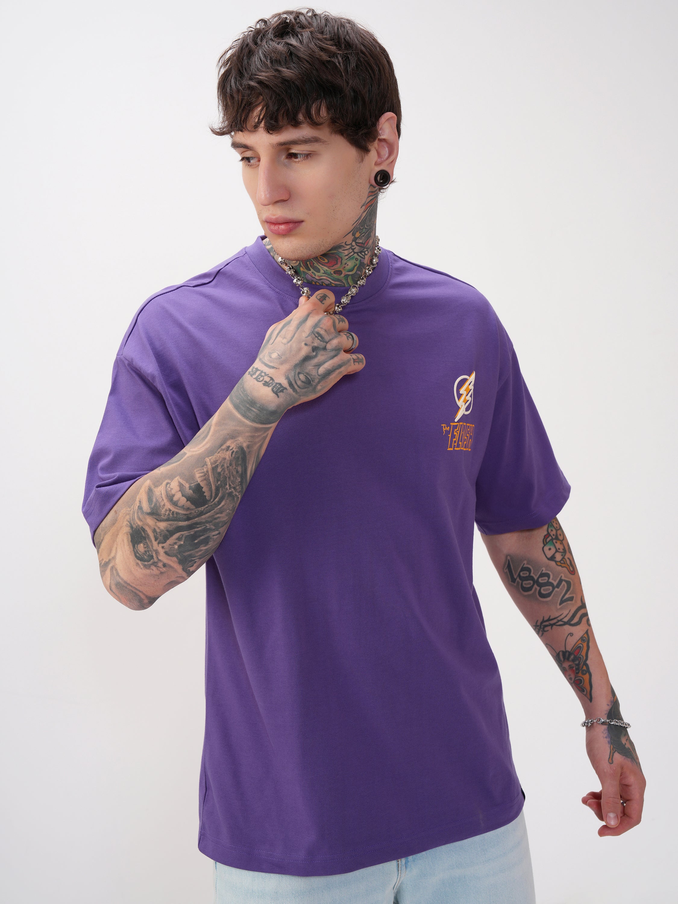 DC By Highlander Men Purple Batman Printed Round Neck Oversized Fit T-Shirt - Purple - Image 6