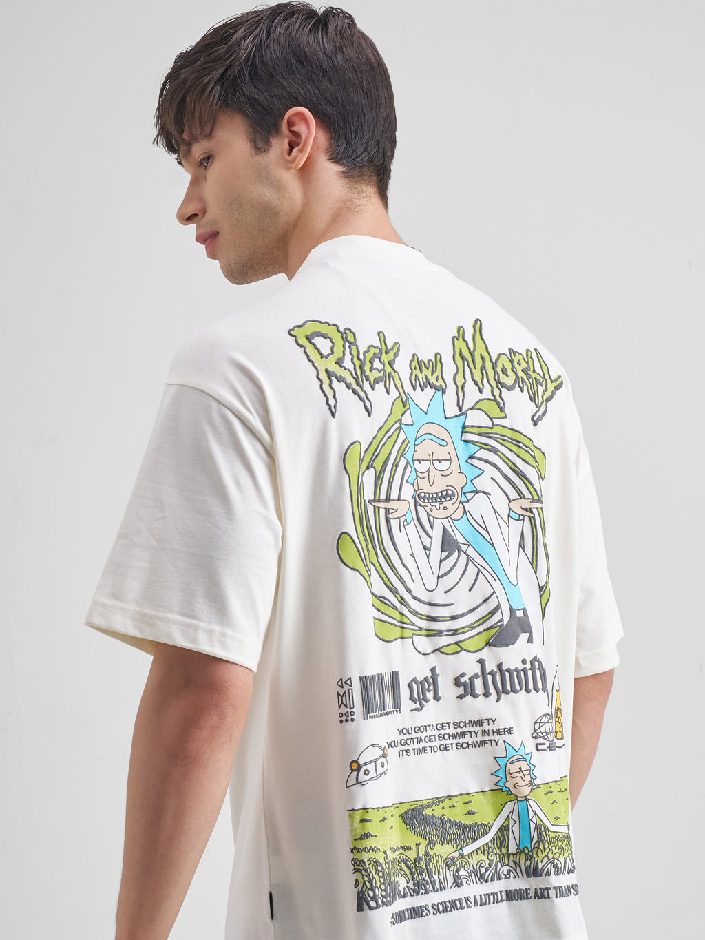 Highlander Men White Rick And Morty Printed Round Neck Oversized Fit T-Shirt - White - Image 1