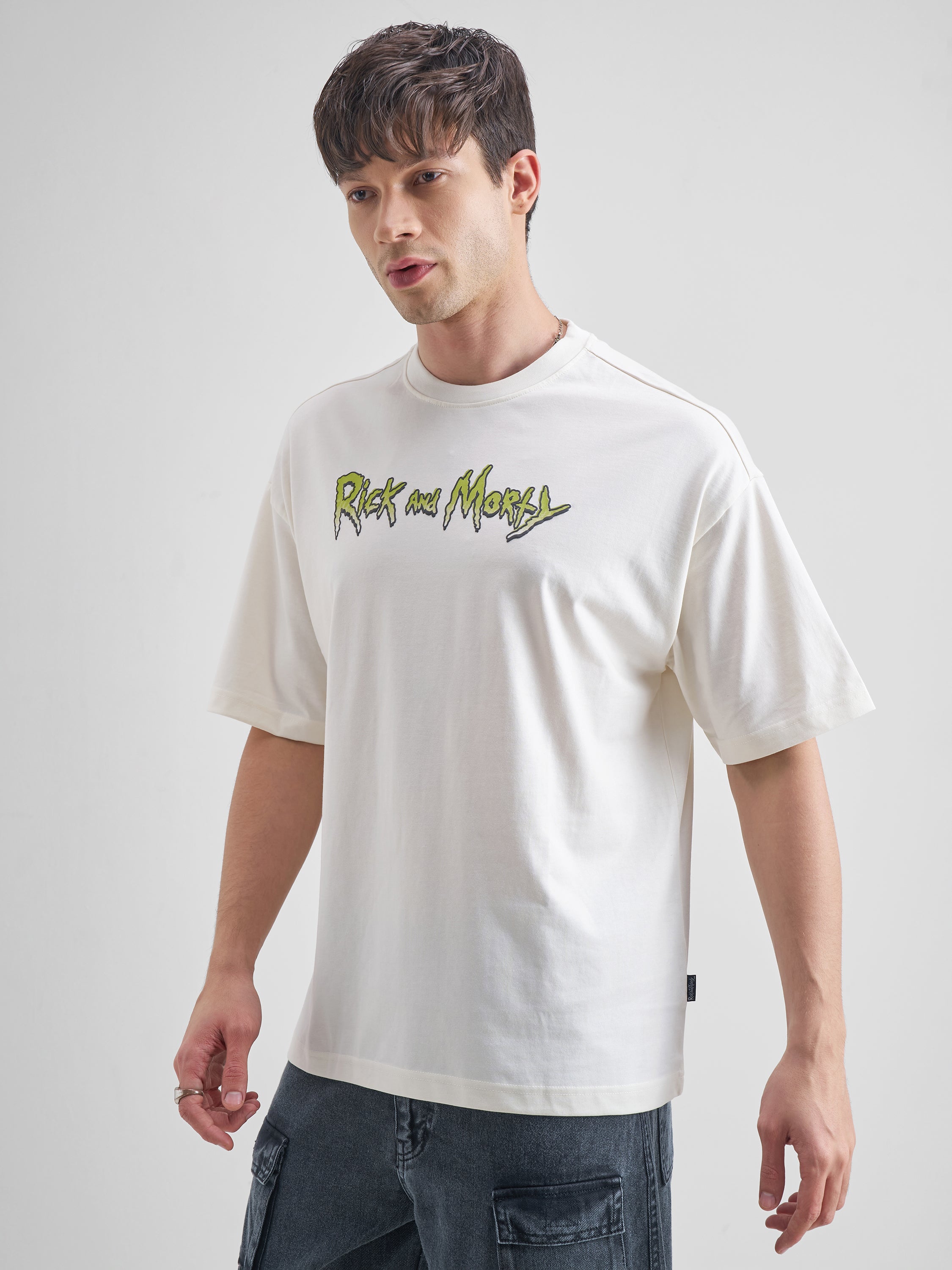 Highlander Men White Rick And Morty Printed Round Neck Oversized Fit T-Shirt - White - Image 4