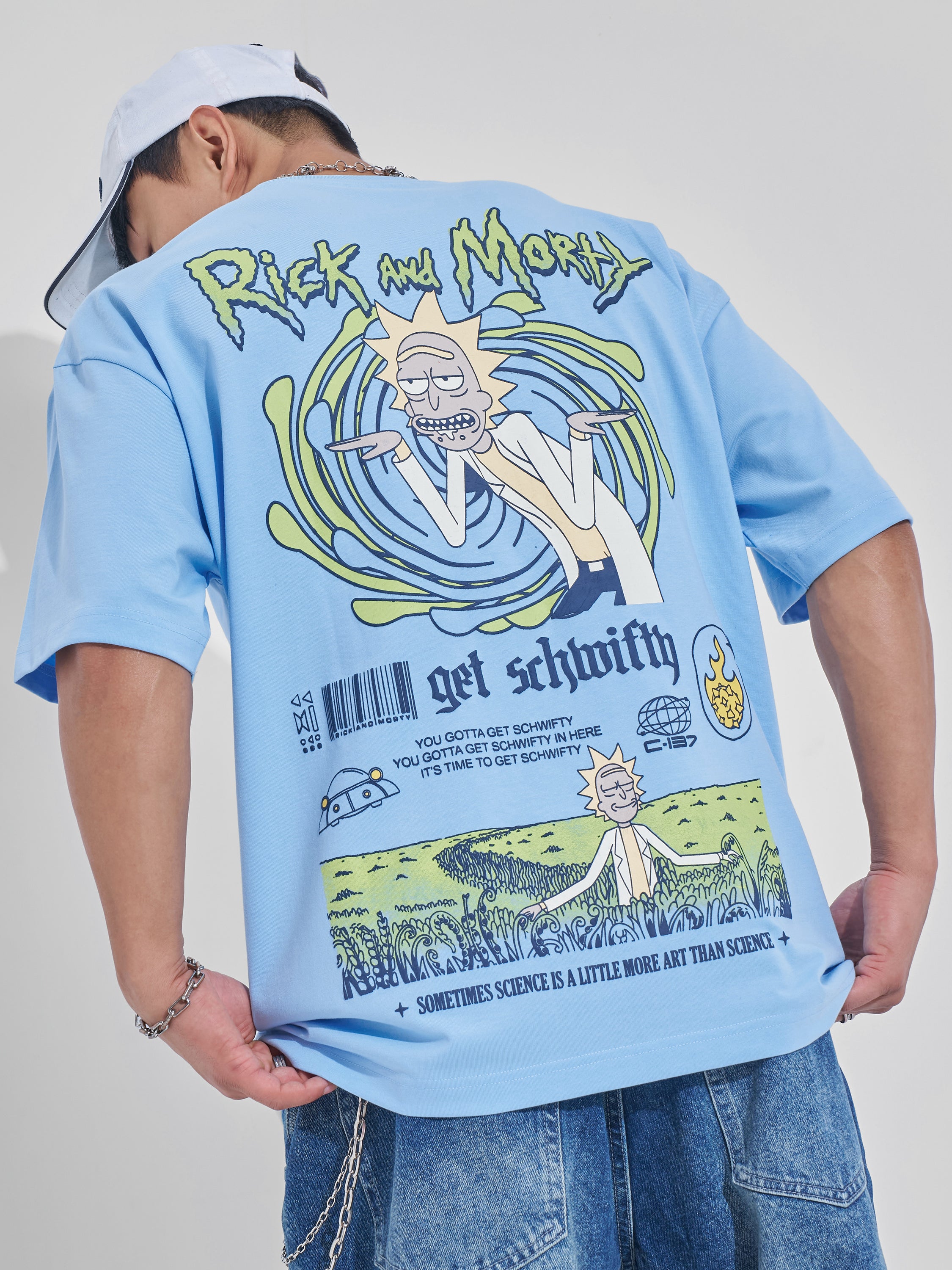 WB By Highlander Men Blue Rick And Morty Printed Round Neck Oversized Fit T-Shirt - Blue - Image 1