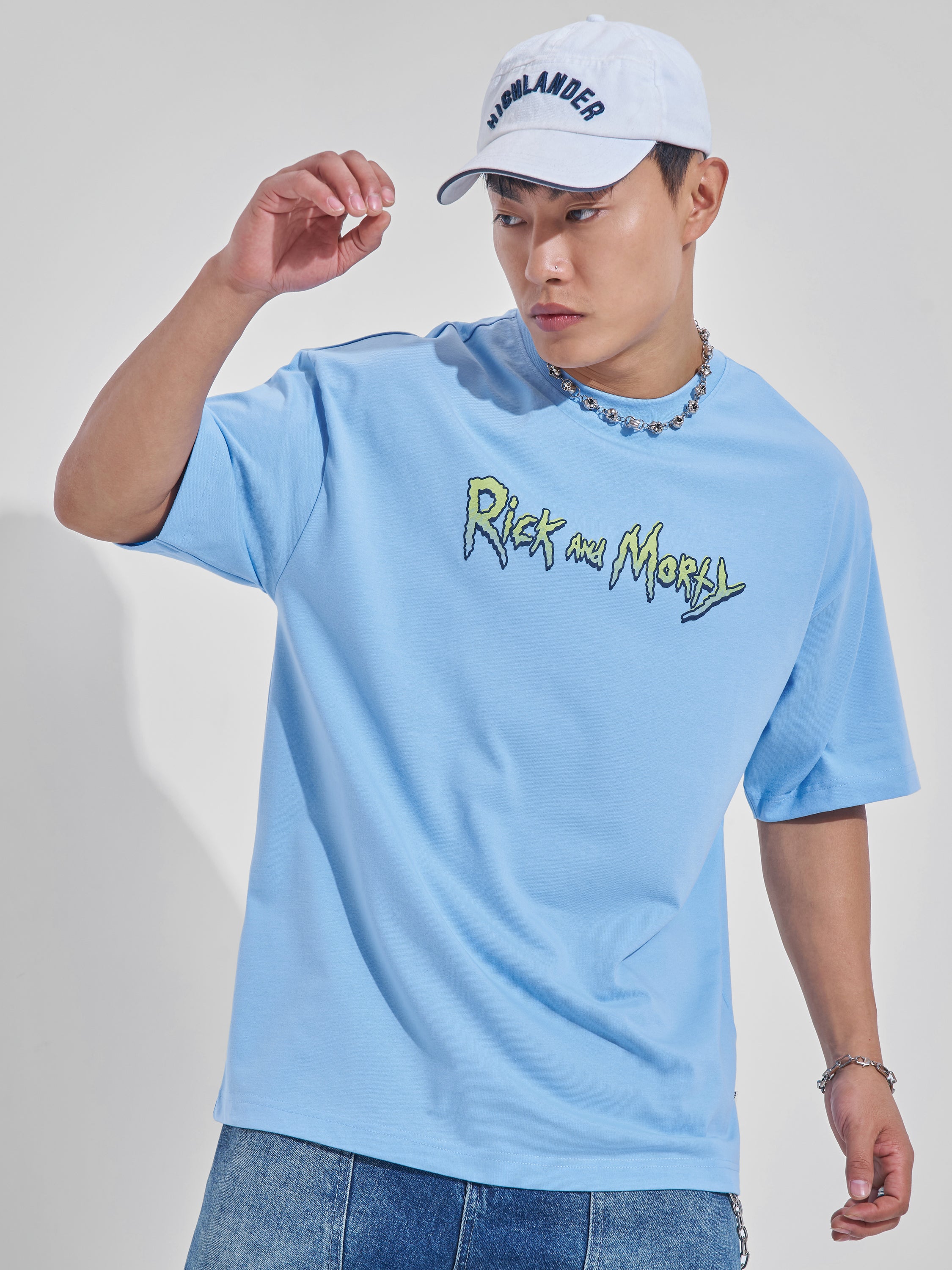 WB By Highlander Men Blue Rick And Morty Printed Round Neck Oversized Fit T-Shirt - Blue - Image 3