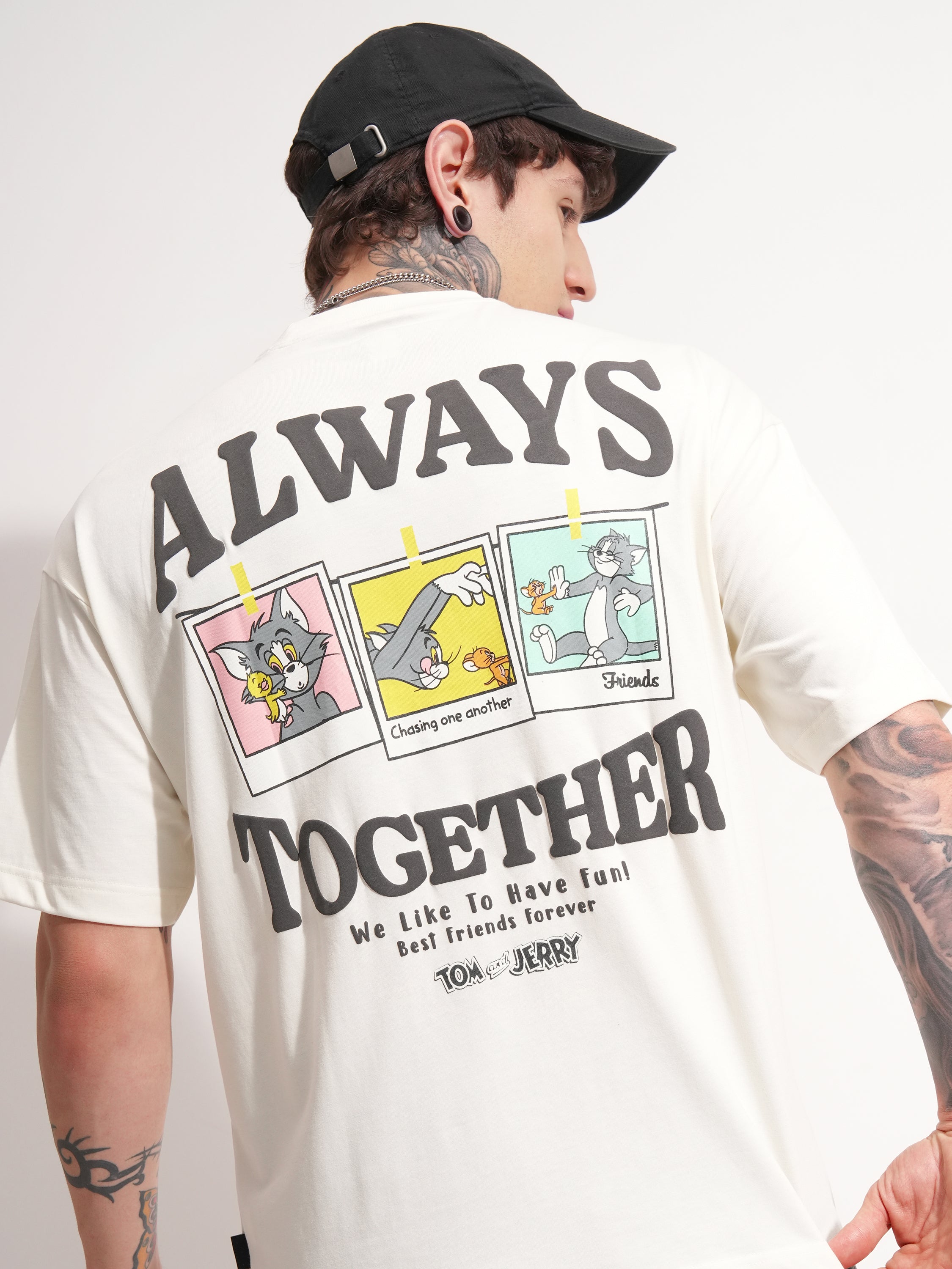 WB By Highlander Men Off White Tom And Jerry Printed Round Neck Oversized Fit T-Shirt - Off White - Image 1