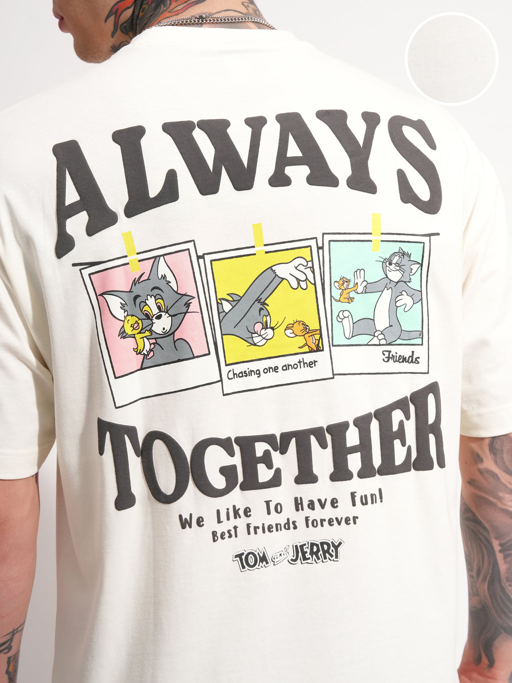 WB By Highlander Men Off White Tom And Jerry Printed Round Neck Oversized Fit T-Shirt - Off White - Image 5