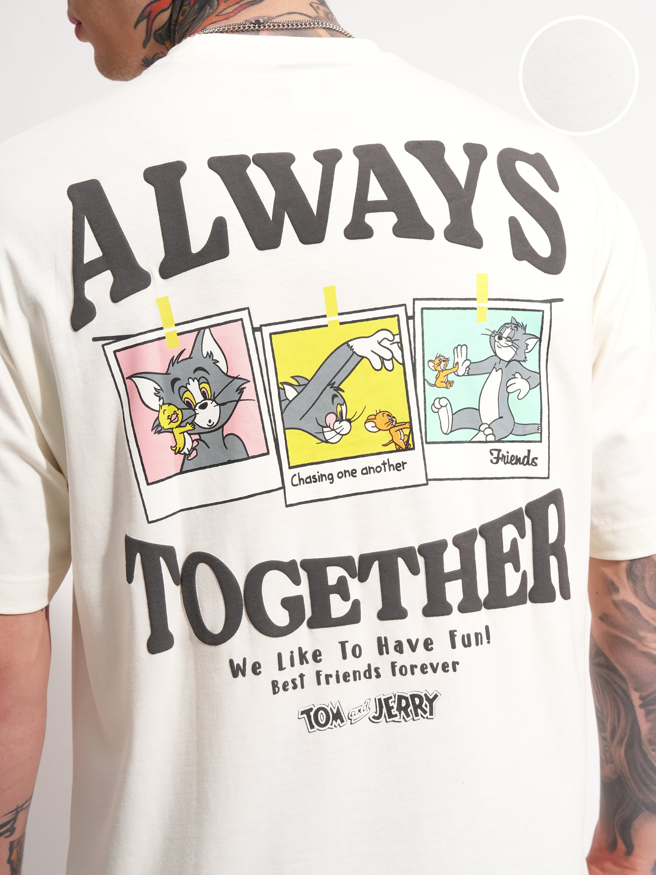 WB By Highlander Men Off White Tom And Jerry Printed Round Neck Oversized Fit T-Shirt - Off White - Image 5