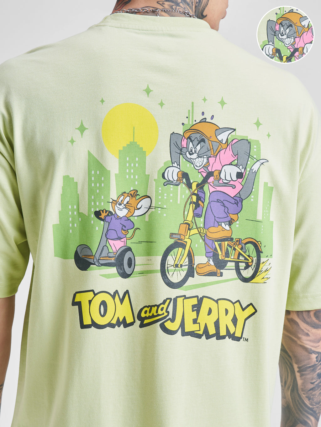 WB By Highlander Men Green Tom And Jerry Printed Round Neck Oversized Fit T-Shirt - Green - Image 5