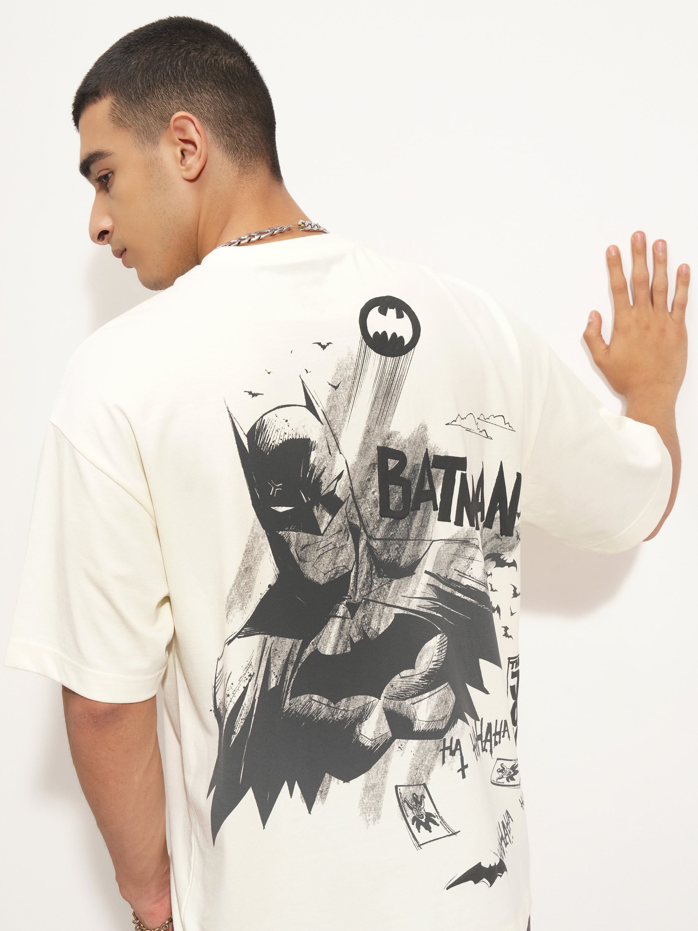 DC By Highlander Men Off White Batman Printed Round Neck Oversized Fit T-Shirt - Off White - Image 1