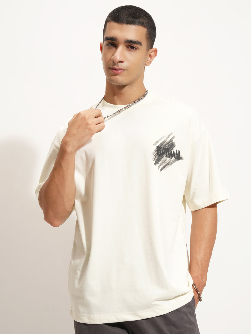 DC By Highlander Men Off White Batman Printed Round Neck Oversized Fit T-Shirt - Off White - Image 3