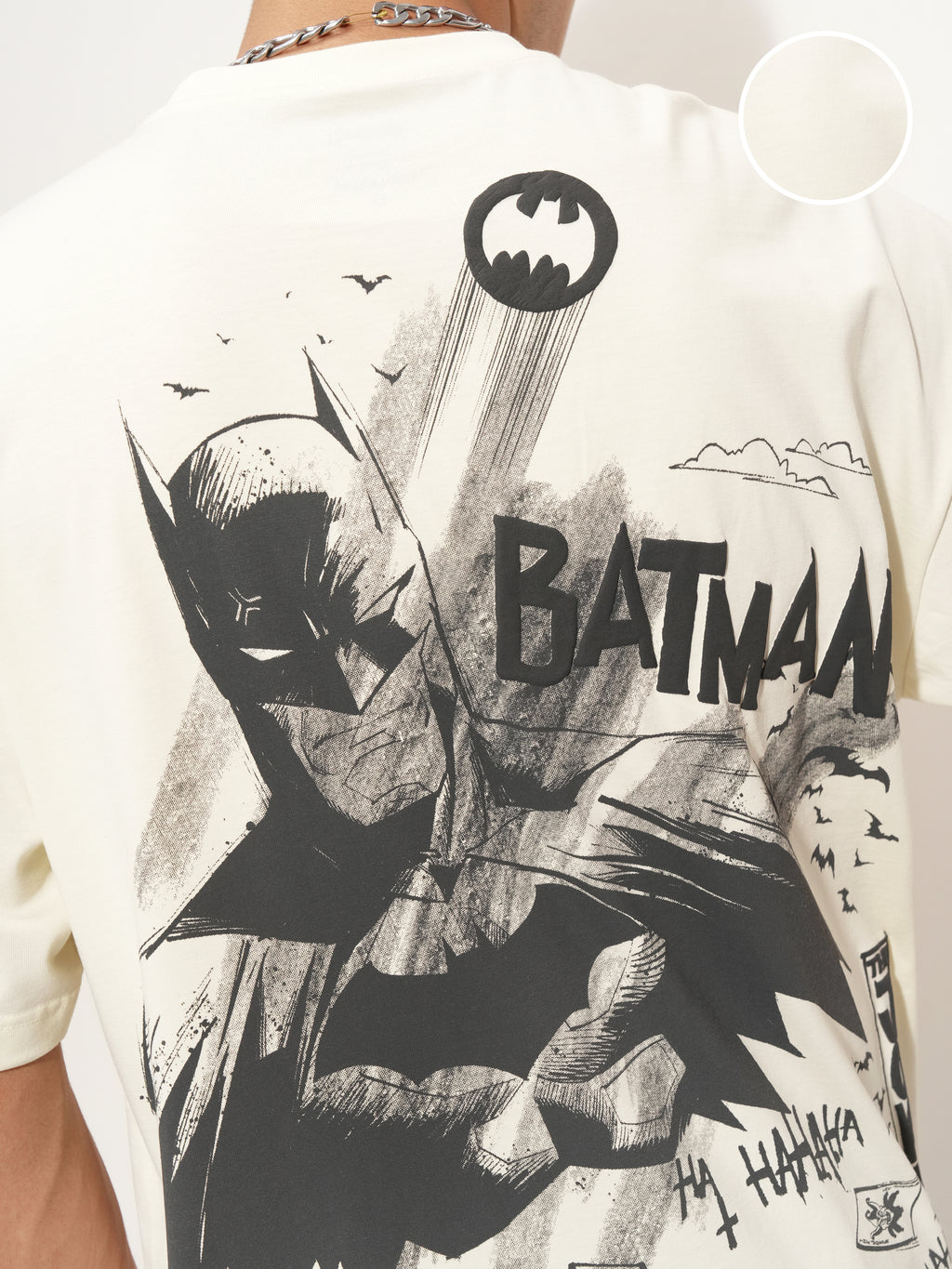 DC By Highlander Men Off White Batman Printed Round Neck Oversized Fit T-Shirt - Off White - Image 5