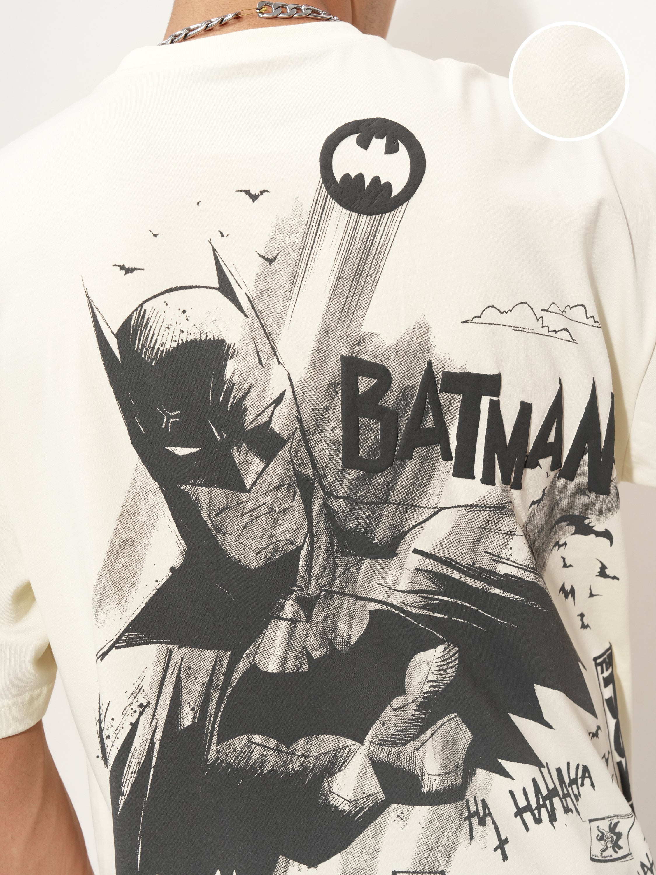 DC By Highlander Men Off White Batman Printed Round Neck Oversized Fit T-Shirt - Off White - Image 5