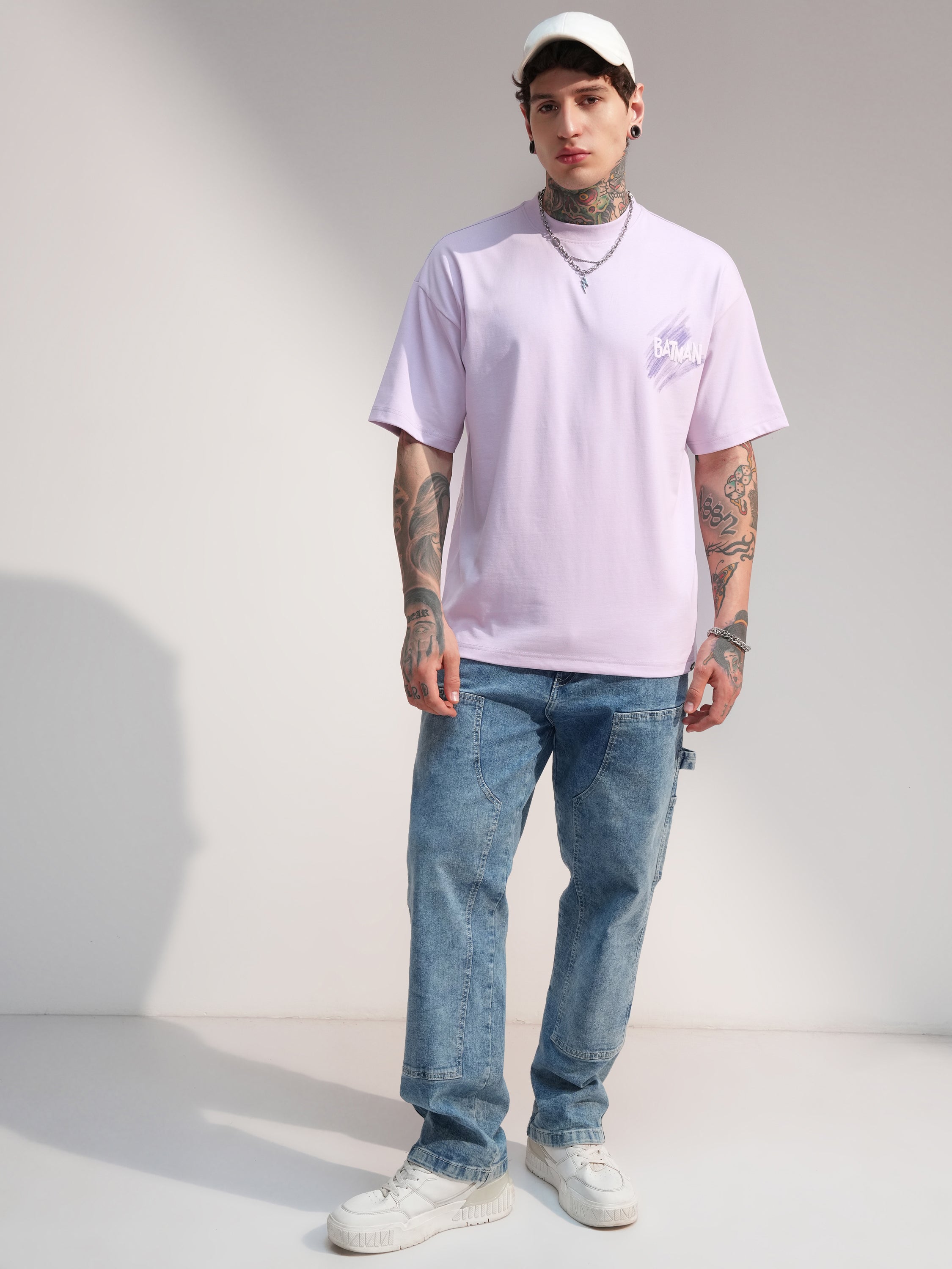 DC By Highlander Men Mauve Batman Printed Round Neck Oversized Fit T-Shirt - Mauve - Image 2