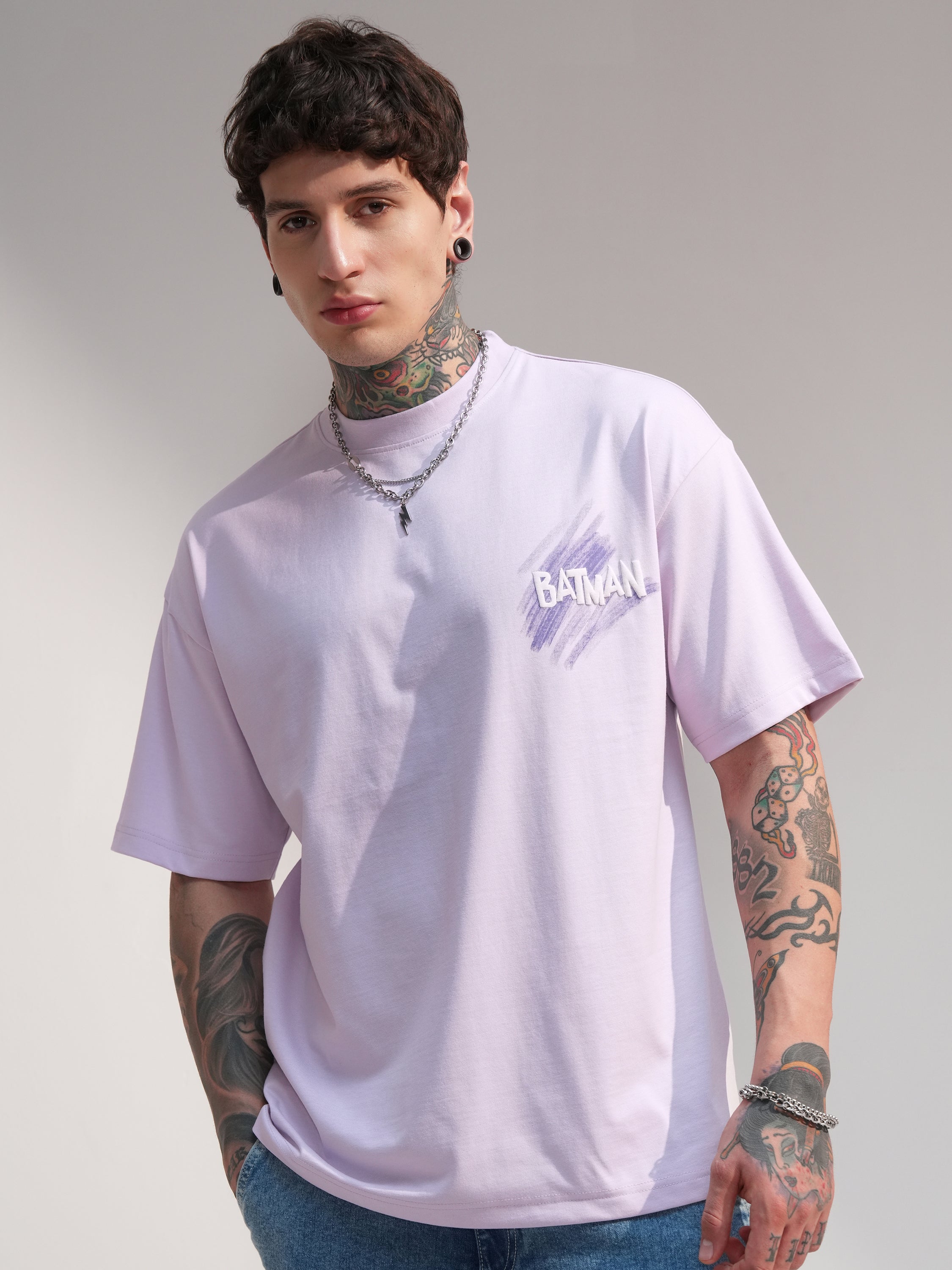 DC By Highlander Men Mauve Batman Printed Round Neck Oversized Fit T-Shirt - Mauve - Image 3