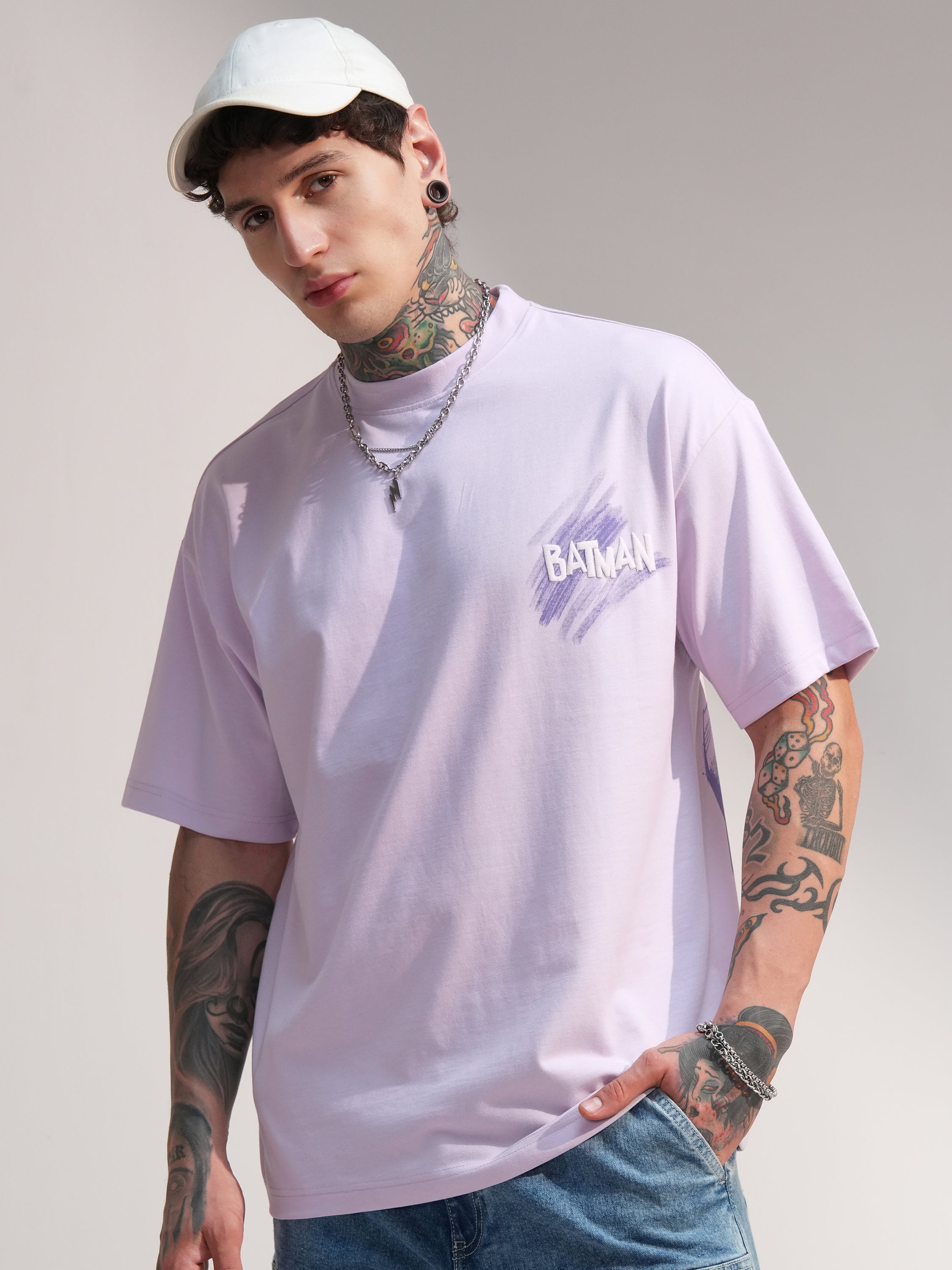 DC By Highlander Men Mauve Batman Printed Round Neck Oversized Fit T-Shirt - Mauve - Image 4