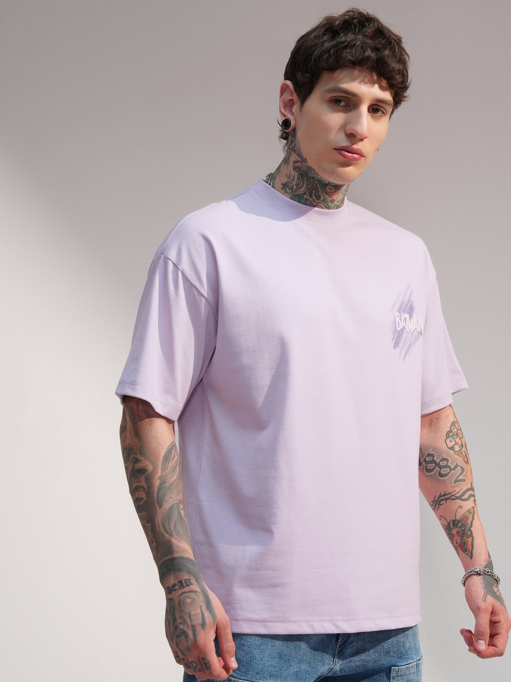 DC By Highlander Men Mauve Batman Printed Round Neck Oversized Fit T-Shirt - Mauve - Image 6