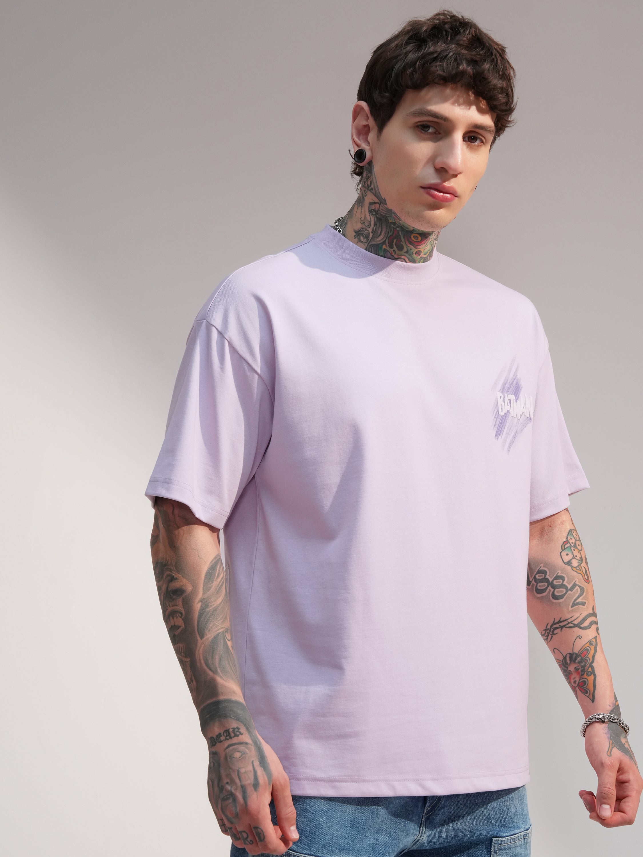 DC By Highlander Men Mauve Batman Printed Round Neck Oversized Fit T-Shirt - Mauve - Image 6