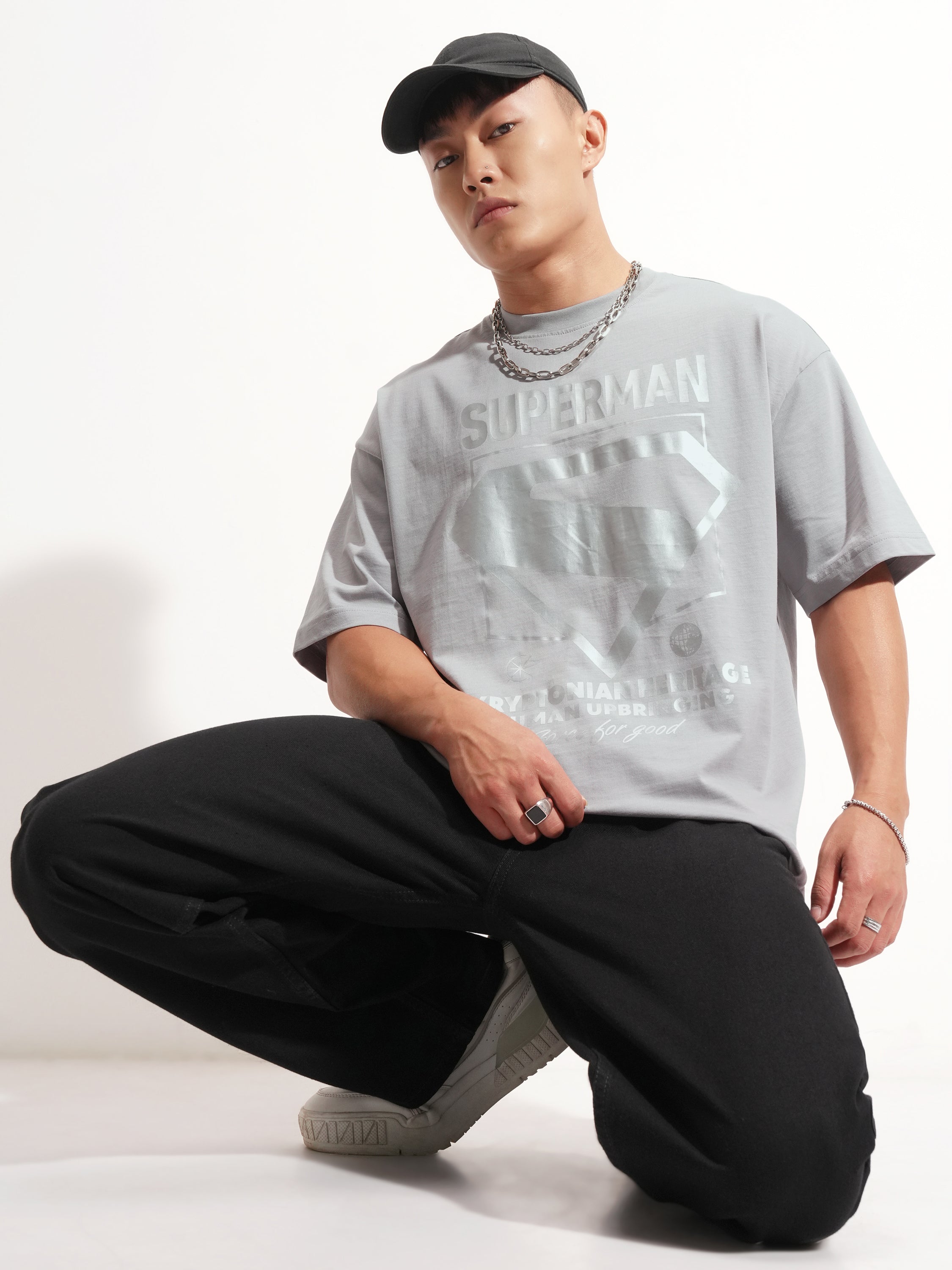 DC By Highlander Men Grey Superman Printed Round Neck Oversized Fit T-Shirt - Grey - Image 2