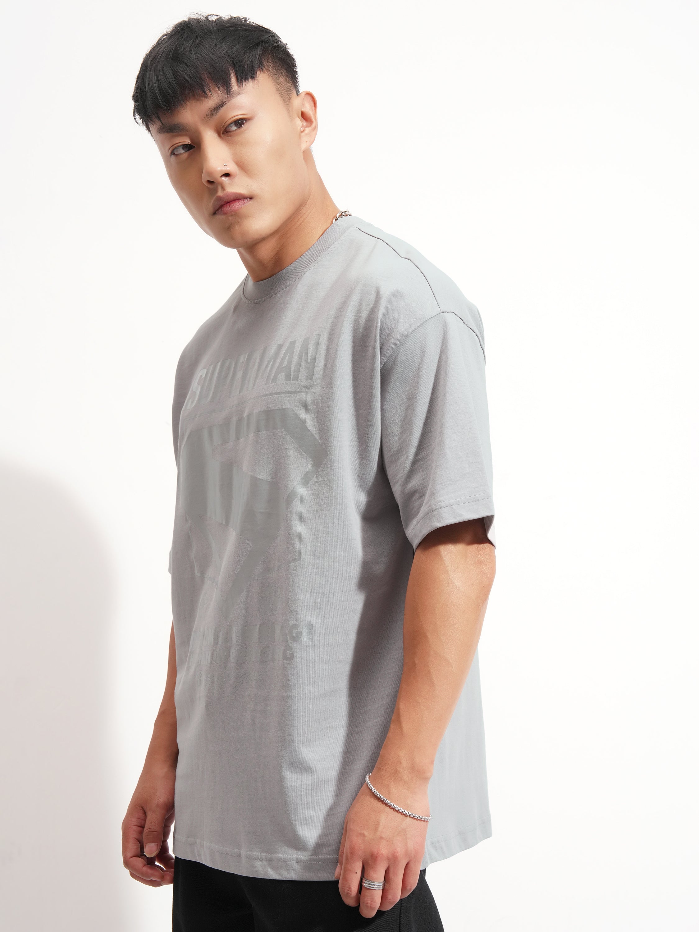 DC By Highlander Men Grey Superman Printed Round Neck Oversized Fit T-Shirt - Grey - Image 4