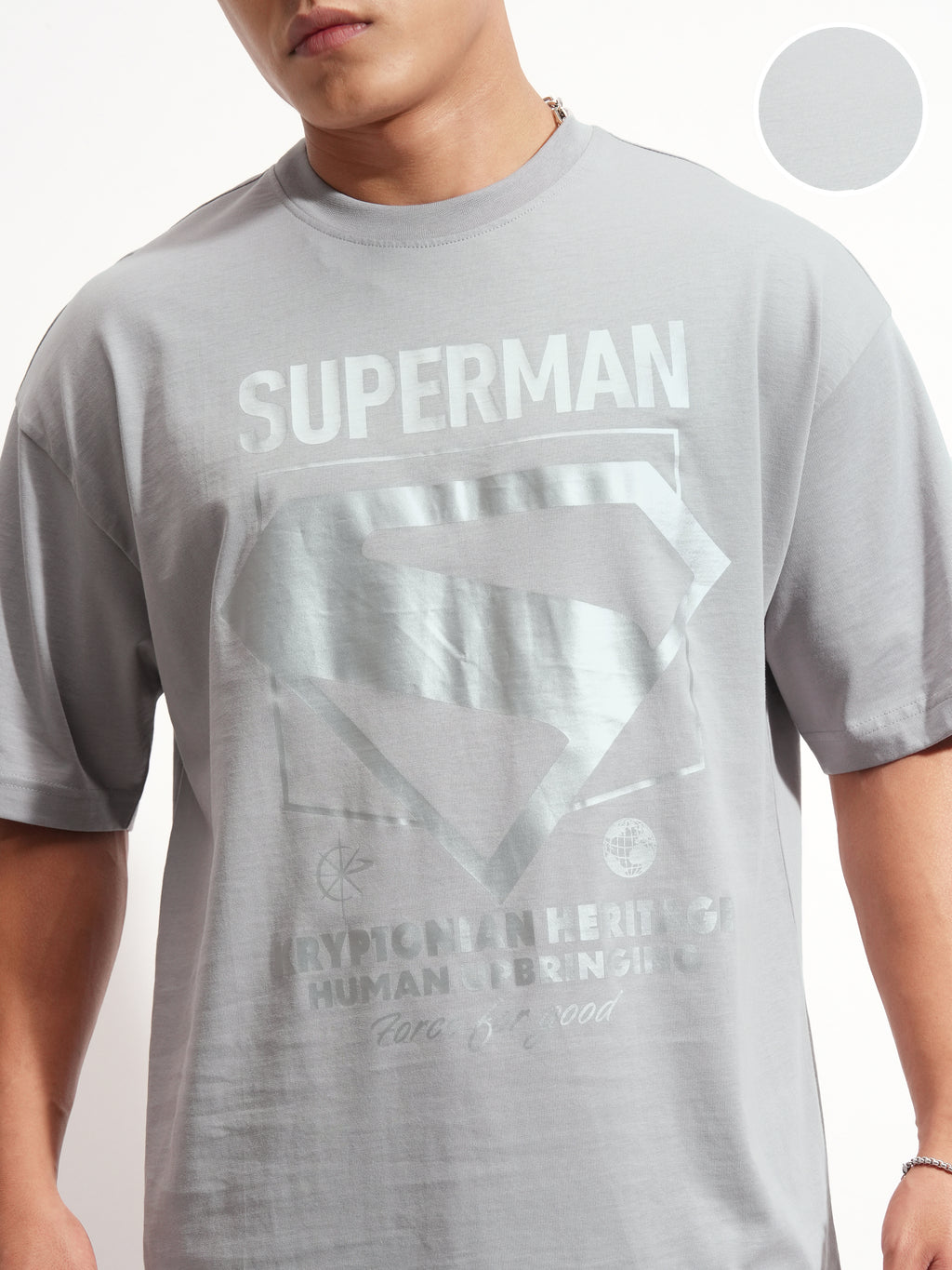 DC By Highlander Men Grey Superman Printed Round Neck Oversized Fit T-Shirt - Grey - Image 5