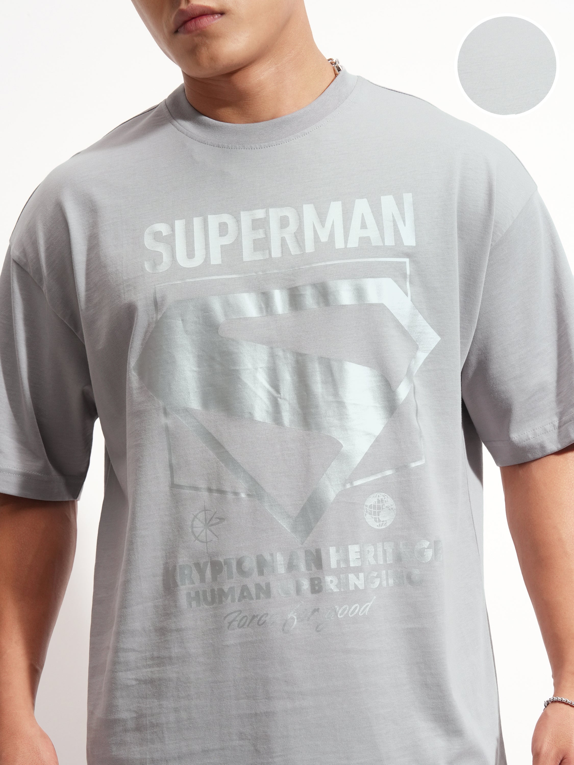 DC By Highlander Men Grey Superman Printed Round Neck Oversized Fit T-Shirt - Grey - Image 5