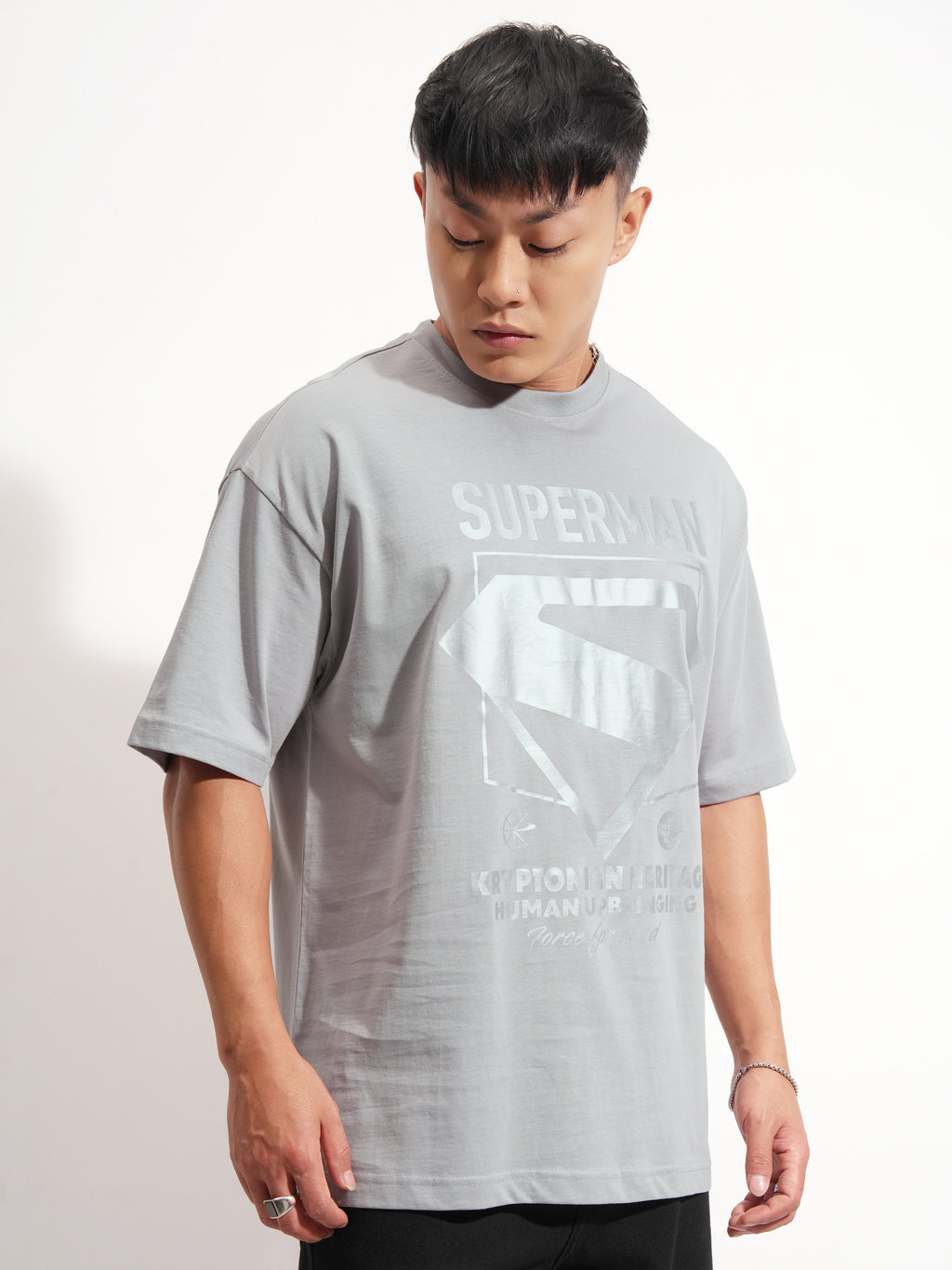 DC By Highlander Men Grey Superman Printed Round Neck Oversized Fit T-Shirt - Grey - Image 6