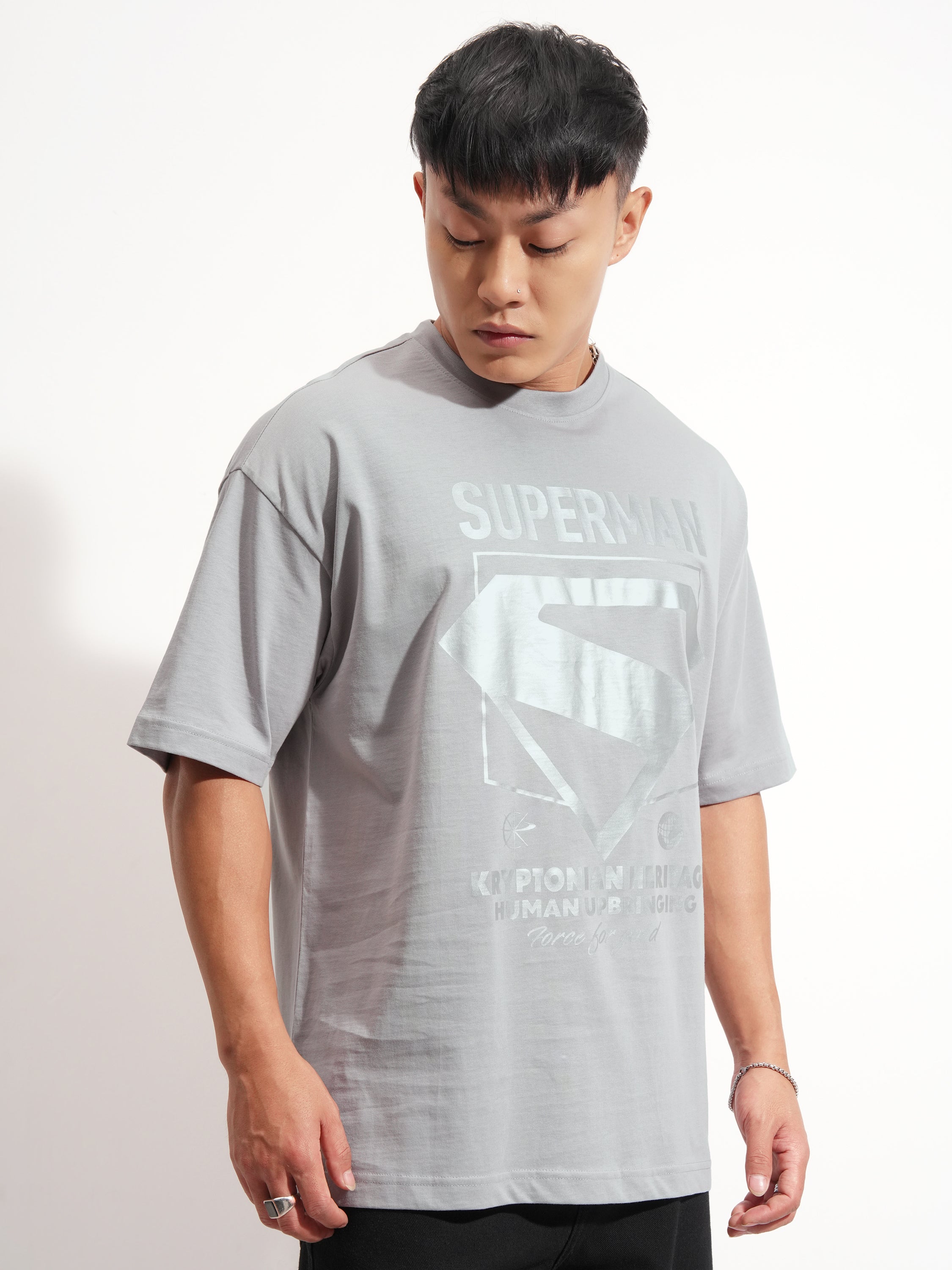DC By Highlander Men Grey Superman Printed Round Neck Oversized Fit T-Shirt - Grey - Image 6