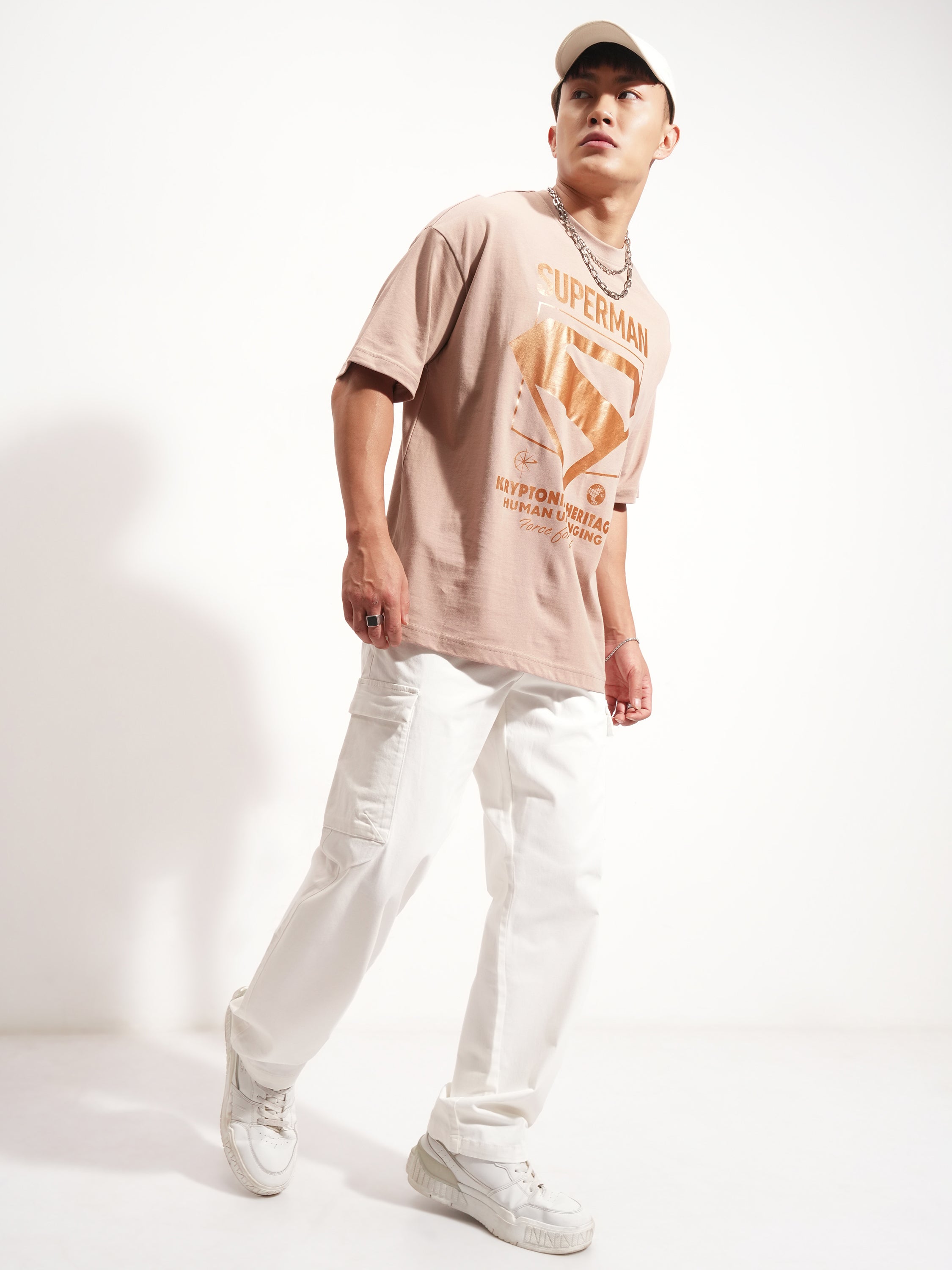 DC By Highlander Men Tan Superman Printed Round Neck Oversized Fit T-Shirt - Tan - Image 2