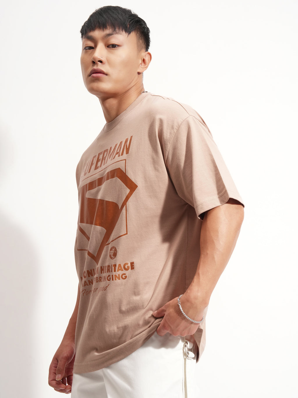 DC By Highlander Men Tan Superman Printed Round Neck Oversized Fit T-Shirt - Tan - Image 4