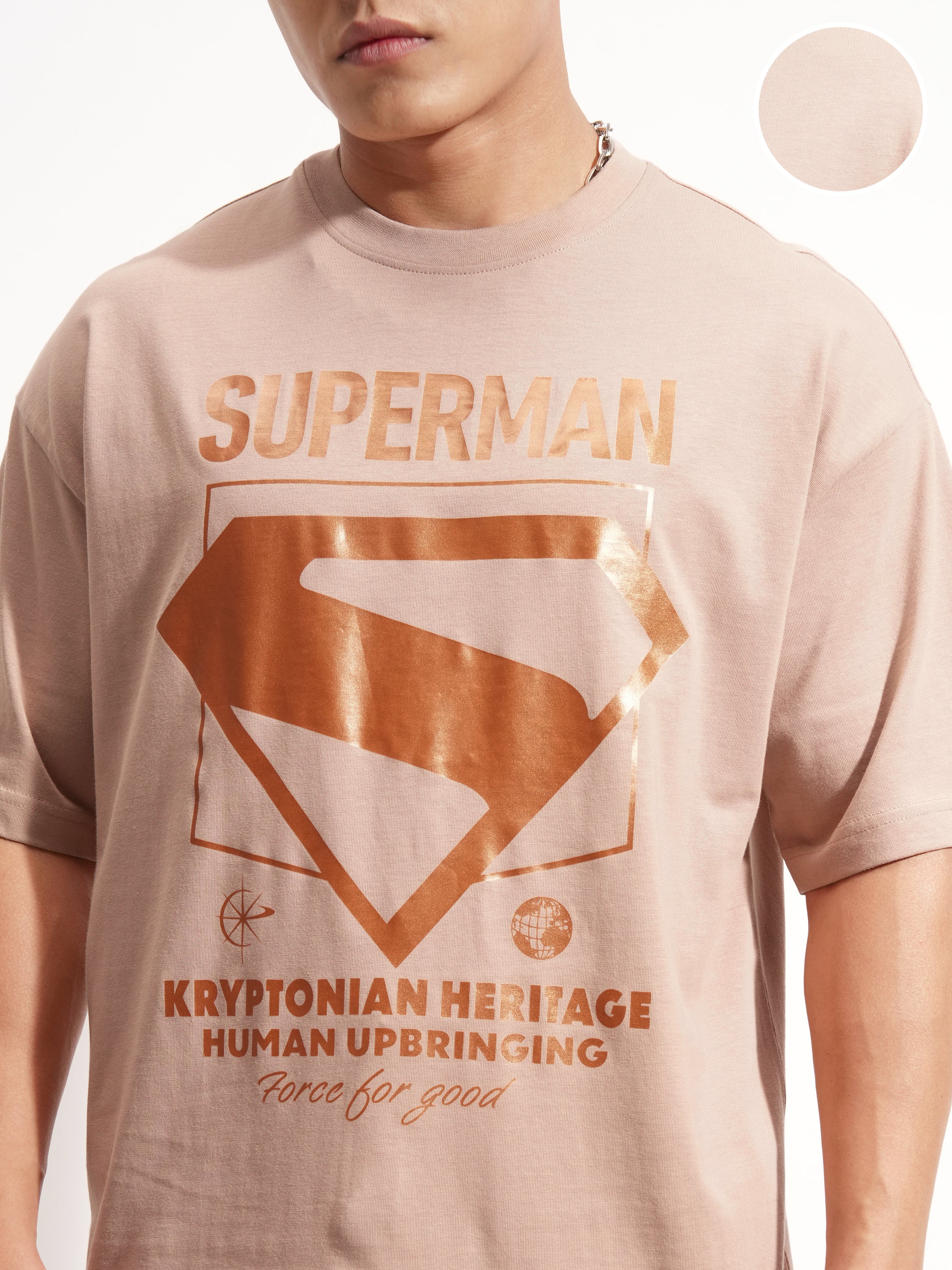 DC By Highlander Men Tan Superman Printed Round Neck Oversized Fit T-Shirt - Tan - Image 5