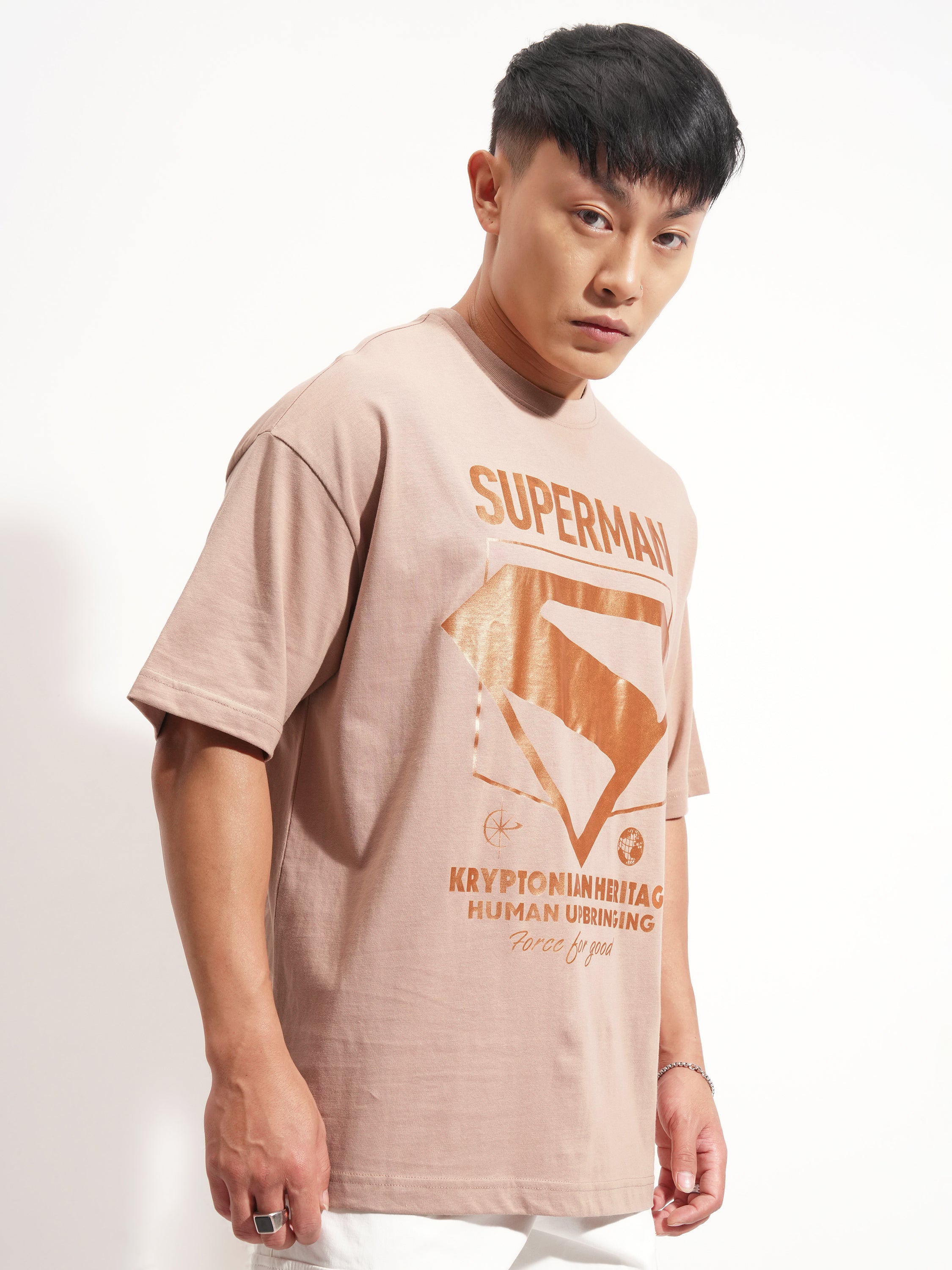 DC By Highlander Men Tan Superman Printed Round Neck Oversized Fit T-Shirt - Tan - Image 6