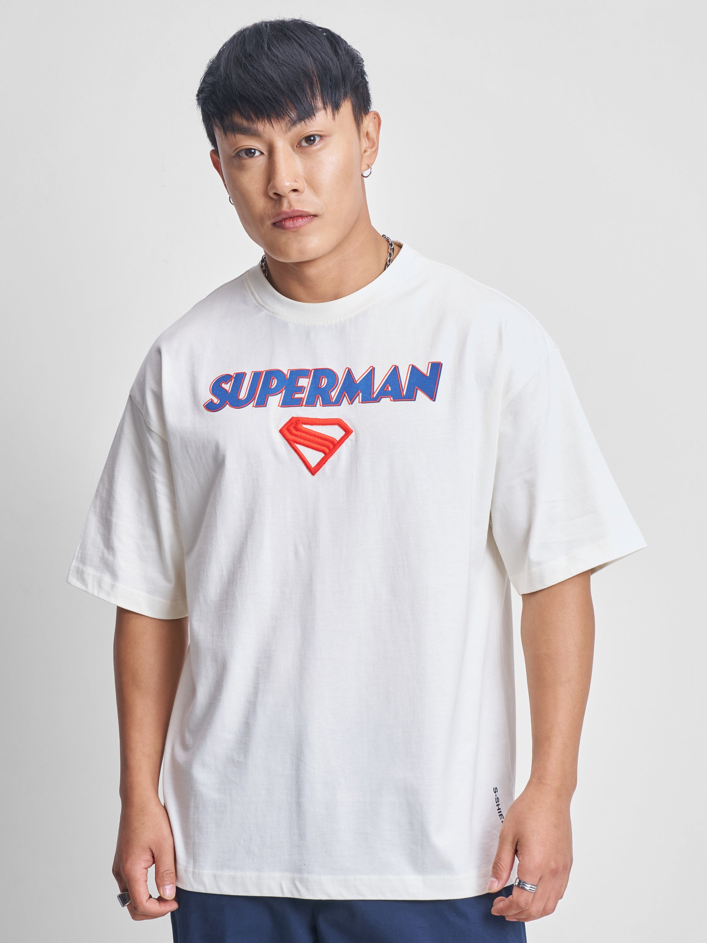 DC By Highlander Men Off White Superman Printed Round Neck Oversized Fit T-Shirt - Off White - Image 3