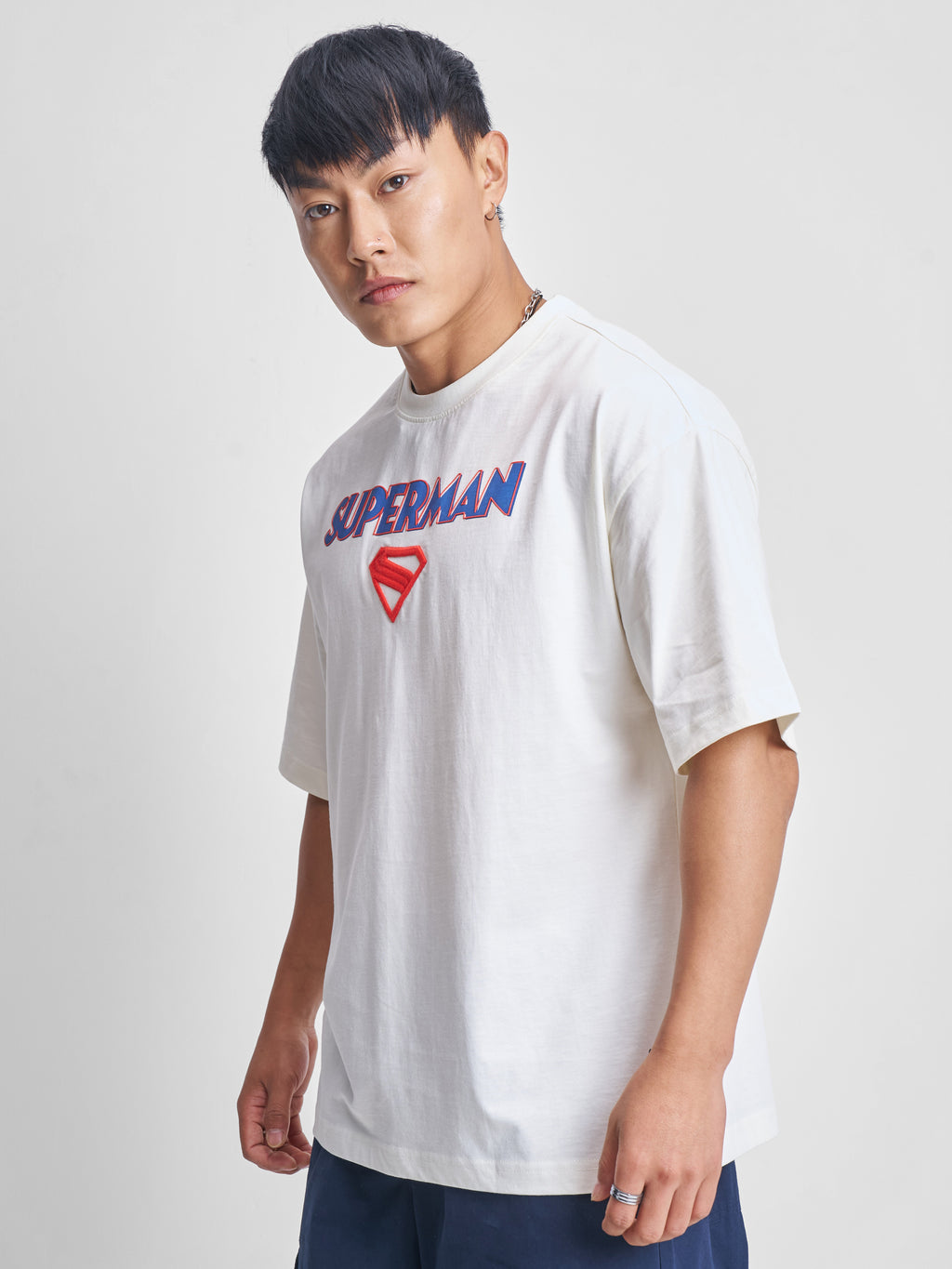 DC By Highlander Men Off White Superman Printed Round Neck Oversized Fit T-Shirt - Off White - Image 4