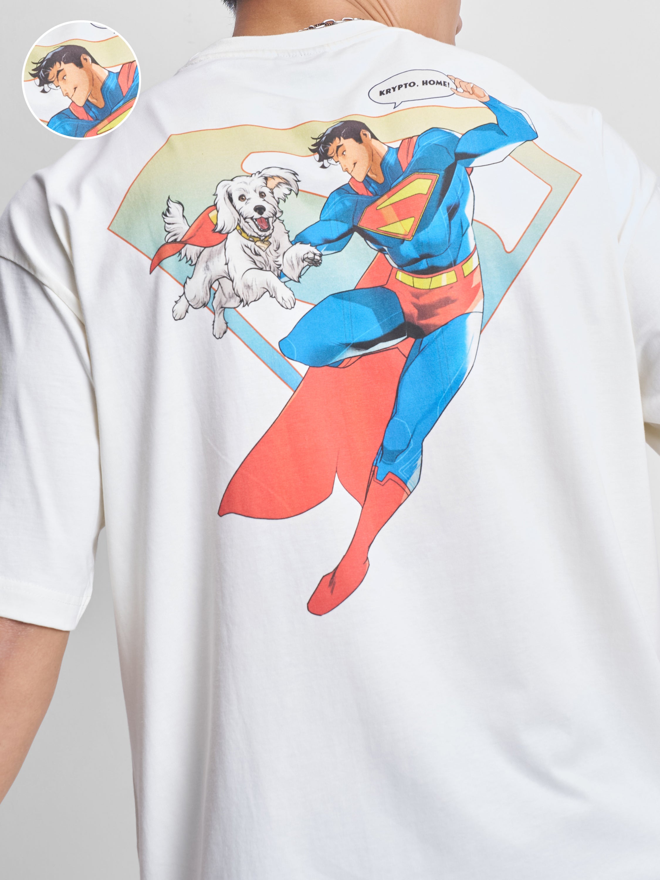 DC By Highlander Men Off White Superman Printed Round Neck Oversized Fit T-Shirt - Off White - Image 5