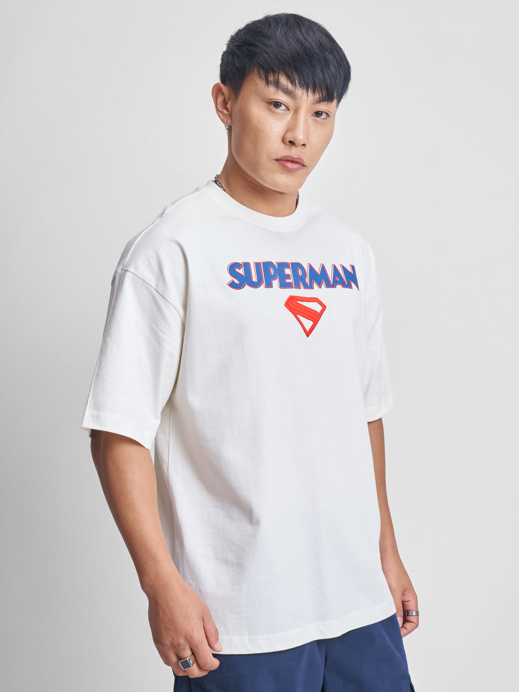 DC By Highlander Men Off White Superman Printed Round Neck Oversized Fit T-Shirt - Off White - Image 6