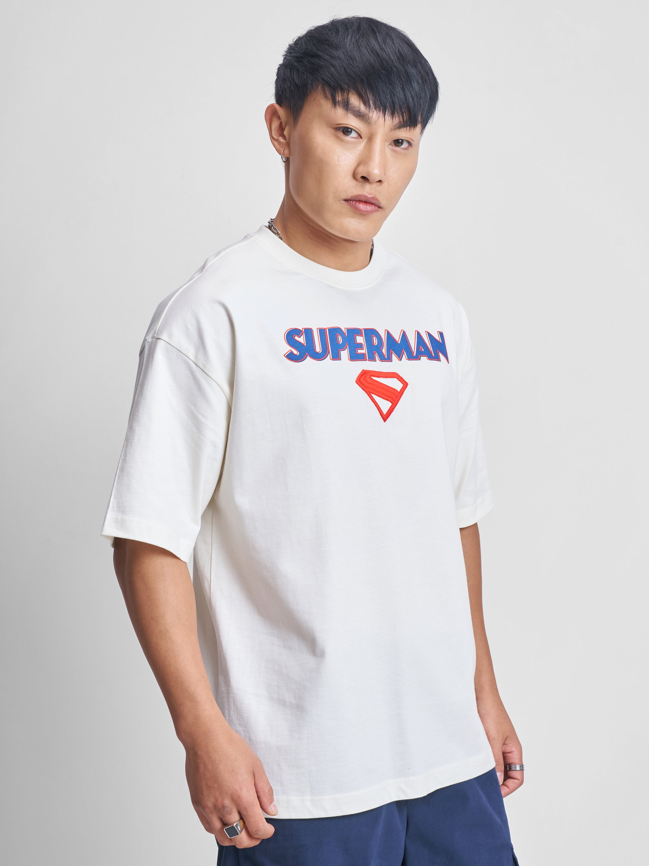 DC By Highlander Men Off White Superman Printed Round Neck Oversized Fit T-Shirt - Off White - Image 6