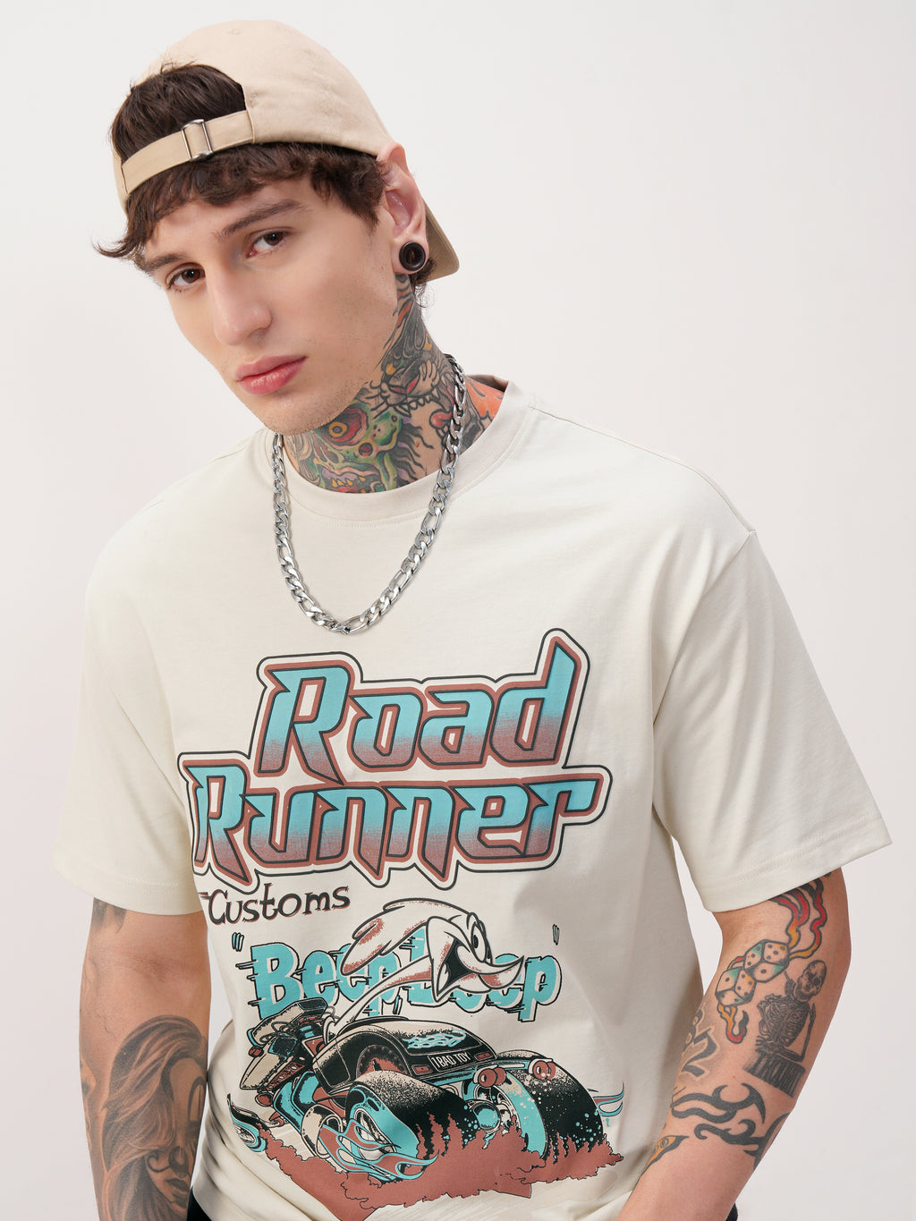 WB By Highlander Men Cream Looney Tunes Printed Round Neck Oversized Fit T-Shirt - Cream - Image 1