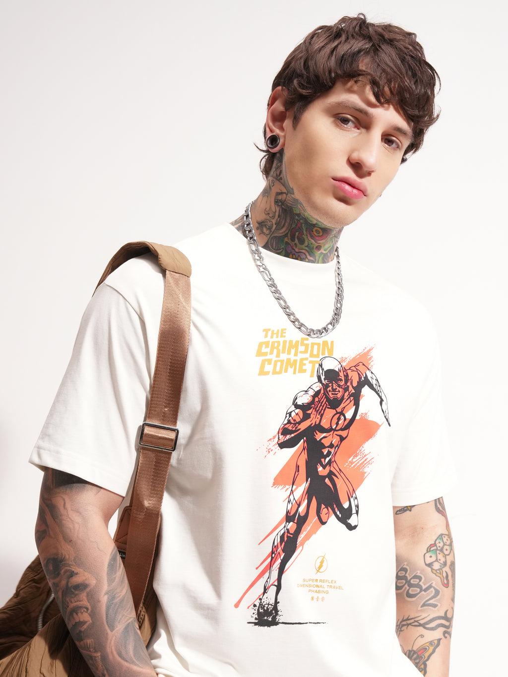 DC By Highlander Men White Flash Printed Round Neck T-Shirt - White - Image 1