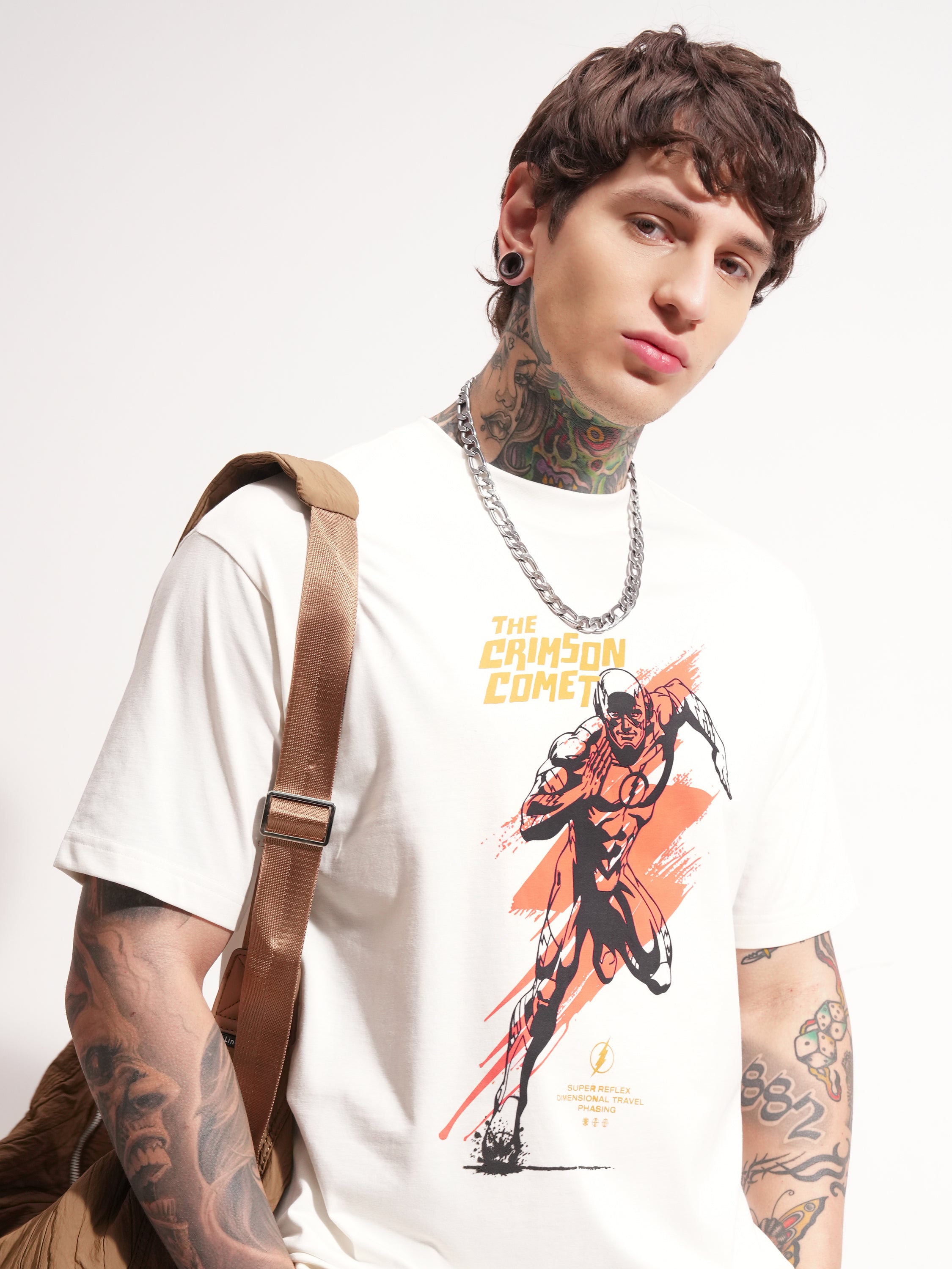 DC By Highlander Men White Flash Printed Round Neck T-Shirt - White - Image 1
