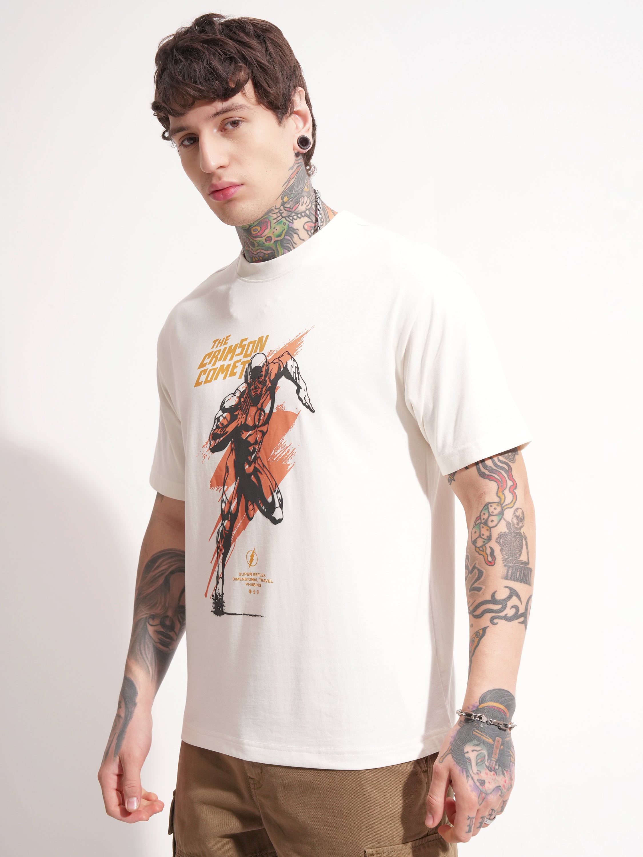 DC By Highlander Men White Flash Printed Round Neck T-Shirt - White - Image 4