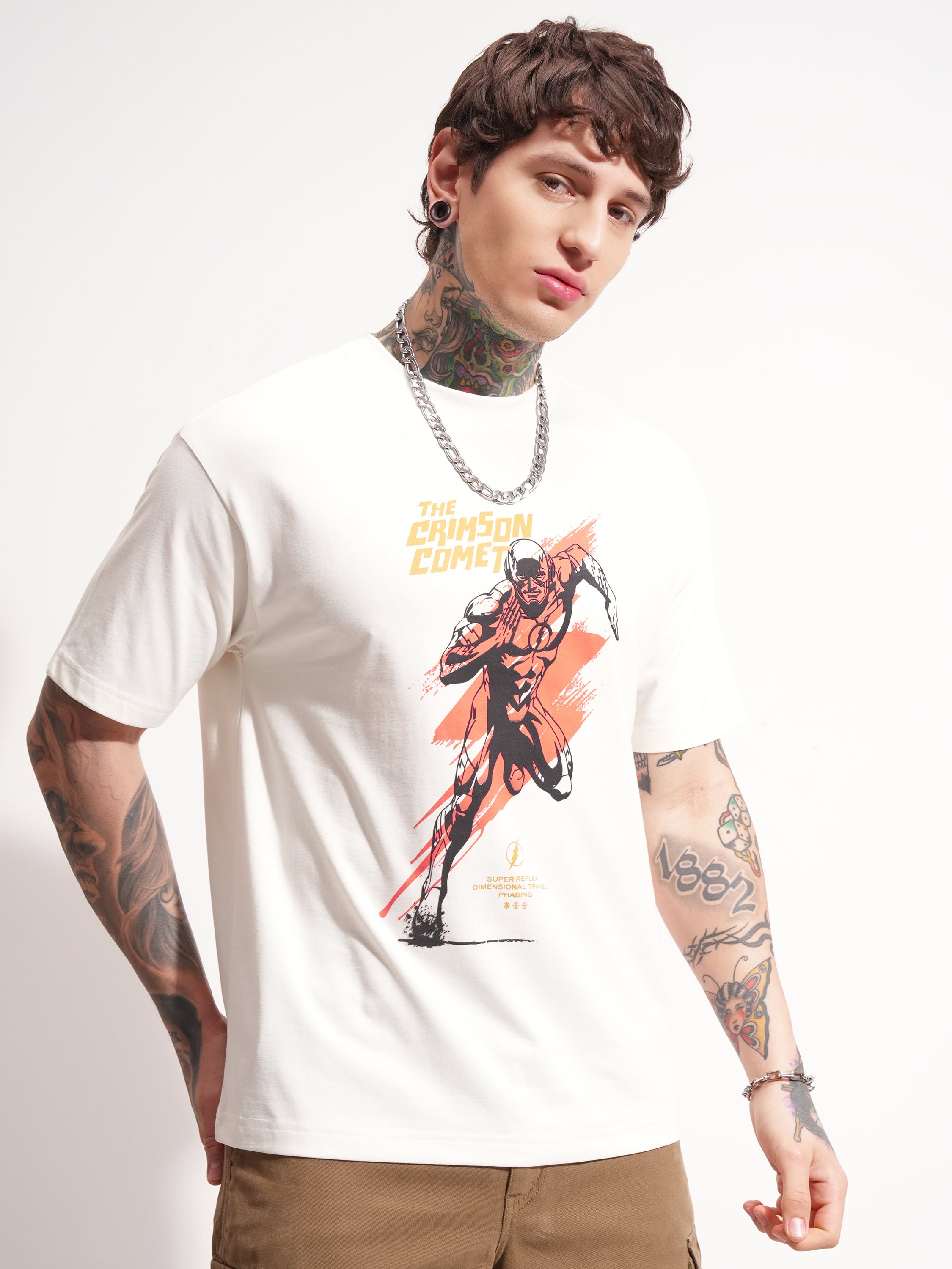 DC By Highlander Men White Flash Printed Round Neck T-Shirt - White - Image 6