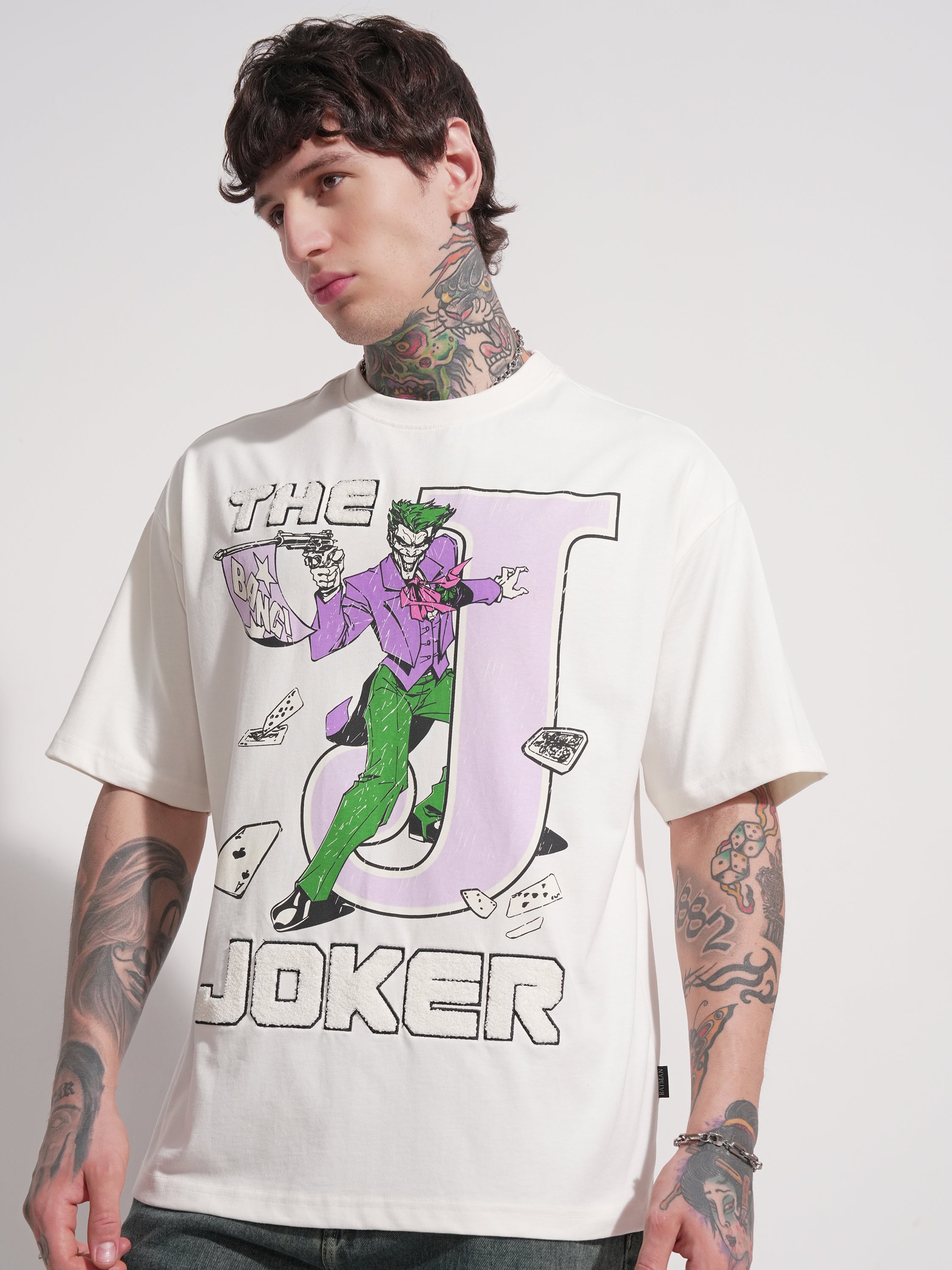 DC By Highlander Men White Batman Printed Round Neck Oversized Fit T-Shirt - White - Image 4