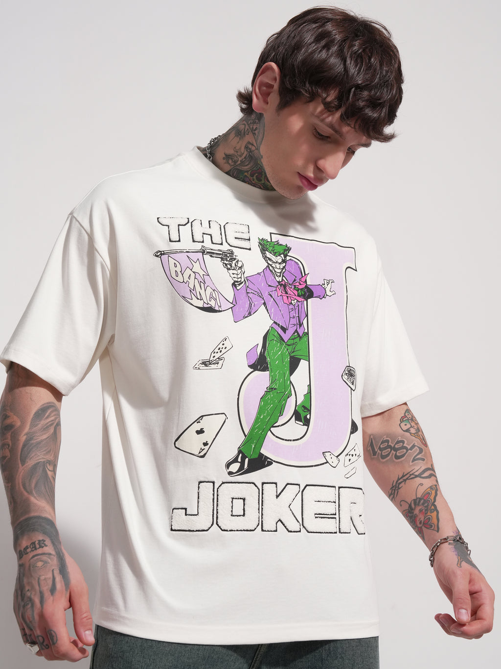 DC By Highlander Men White Batman Printed Round Neck Oversized Fit T-Shirt - White - Image 6
