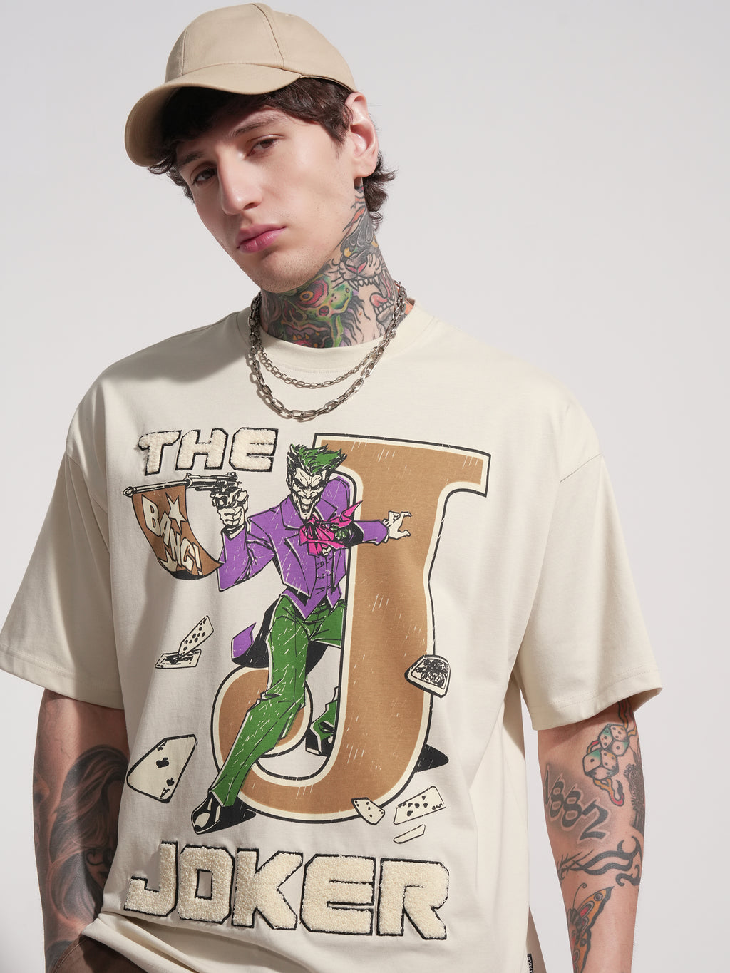 DC By Highlander Men Cream Joker Printed Round Neck Oversized Fit T-Shirt - Cream - Image 1