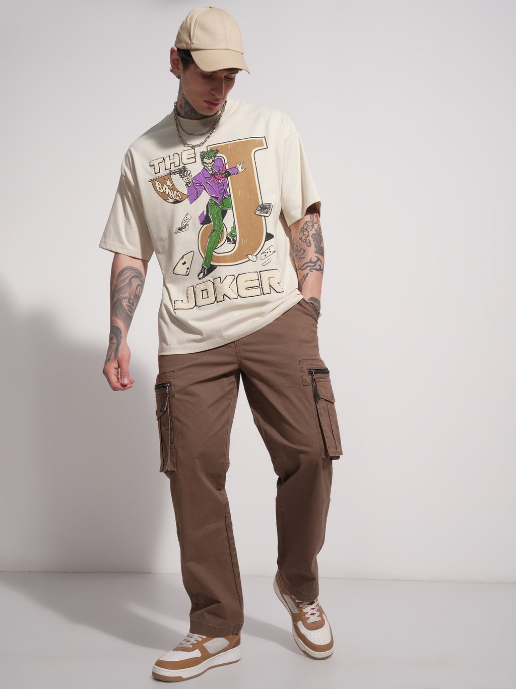DC By Highlander Men Cream Joker Printed Round Neck Oversized Fit T-Shirt - Cream - Image 2