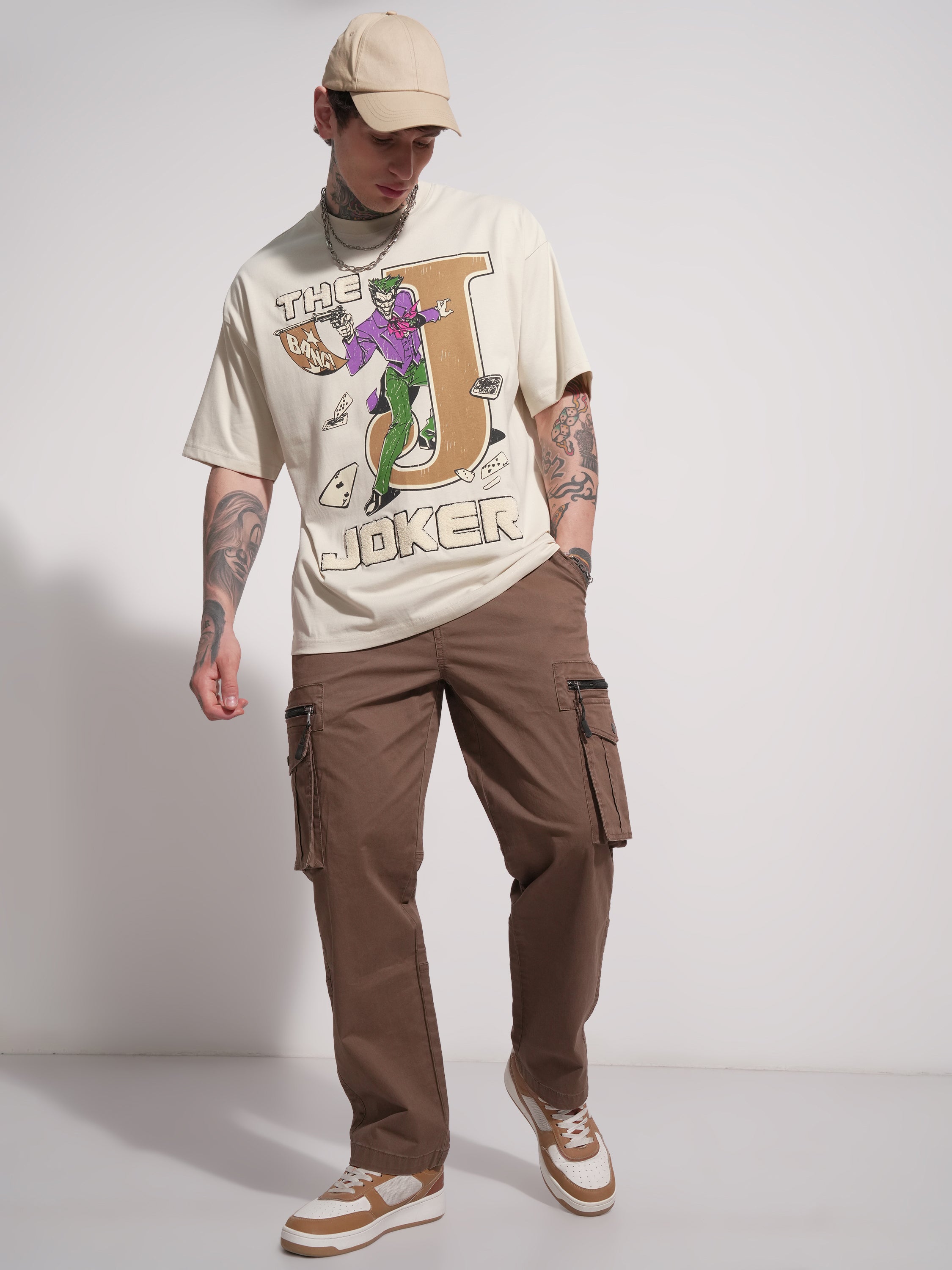 DC By Highlander Men Cream Joker Printed Round Neck Oversized Fit T-Shirt - Cream - Image 2