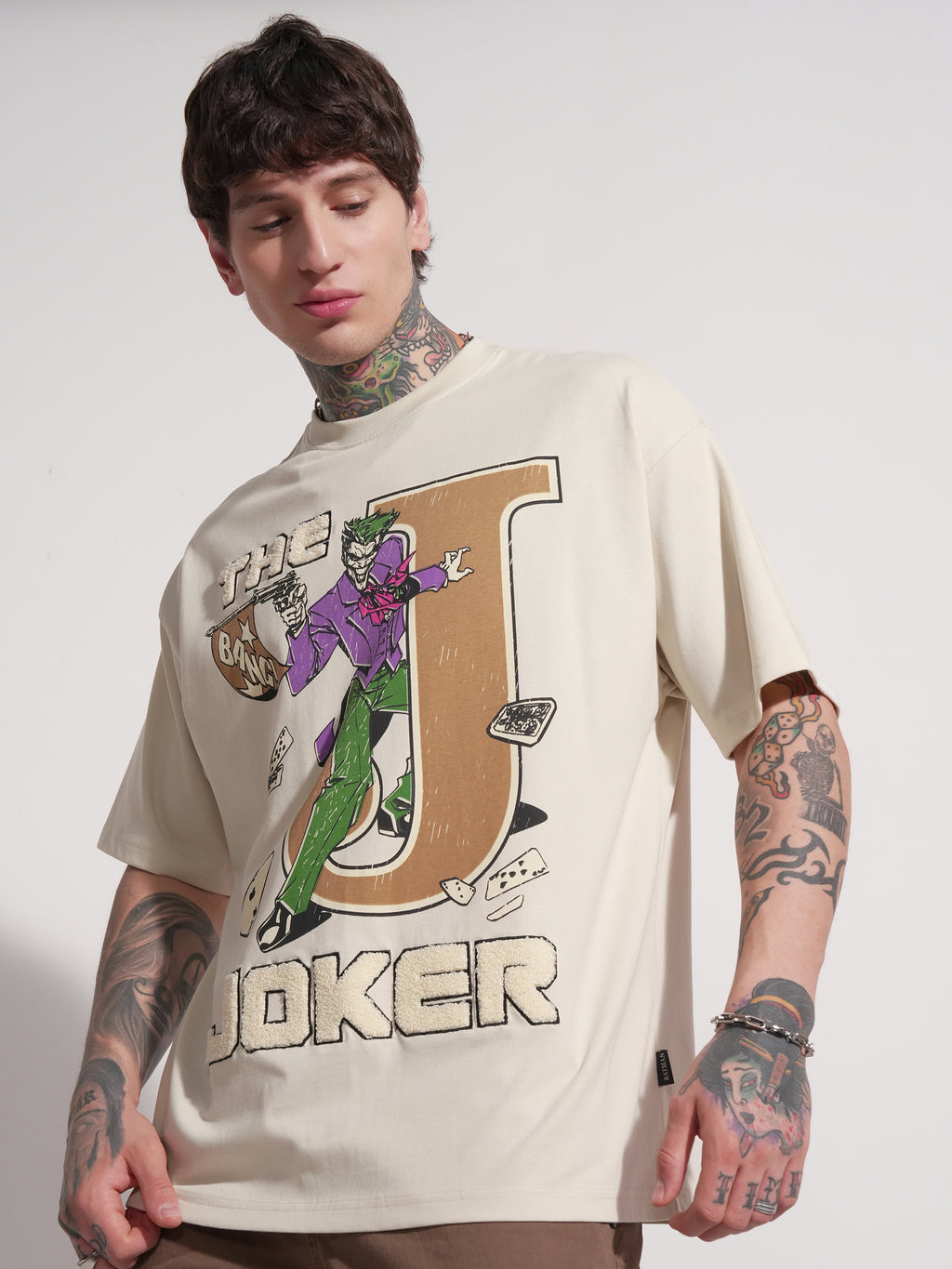 DC By Highlander Men Cream Joker Printed Round Neck Oversized Fit T-Shirt - Cream - Image 4
